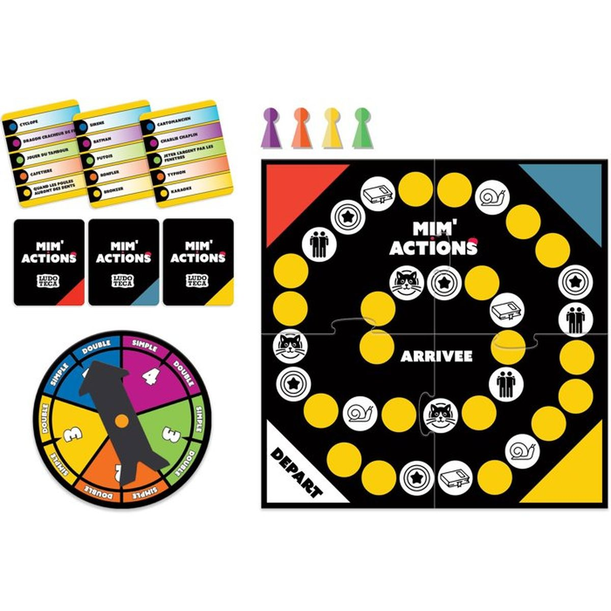 Ein Mim' Actions Brettspiel mit gelben und schwarzen Feldern, Karten, bunten Spielfiguren und einem roten Drehkreuz.
