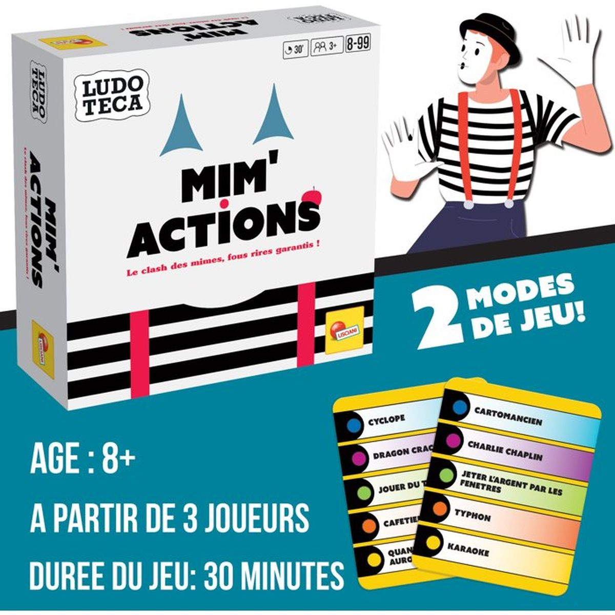 Spielbox von Mim' Actions, daneben ein Pantomime, gelbe Spielkarten und Text über Alter, Spielerzahl und Spieldauer.
