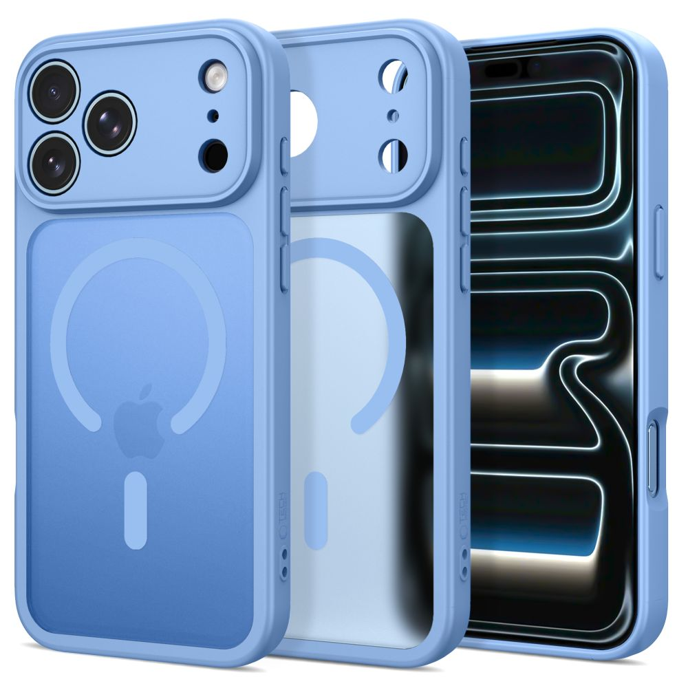 Drei hellblaue Smartphone-Hüllen nebeneinander, zeigen Rück-, Innen- und Vorderansicht mit MagSafe-Ring.