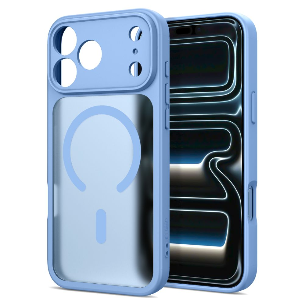Eine hellblaue Smartphone-Hülle mit MagSafe-Ring auf der Rückseite und passendem Telefon.