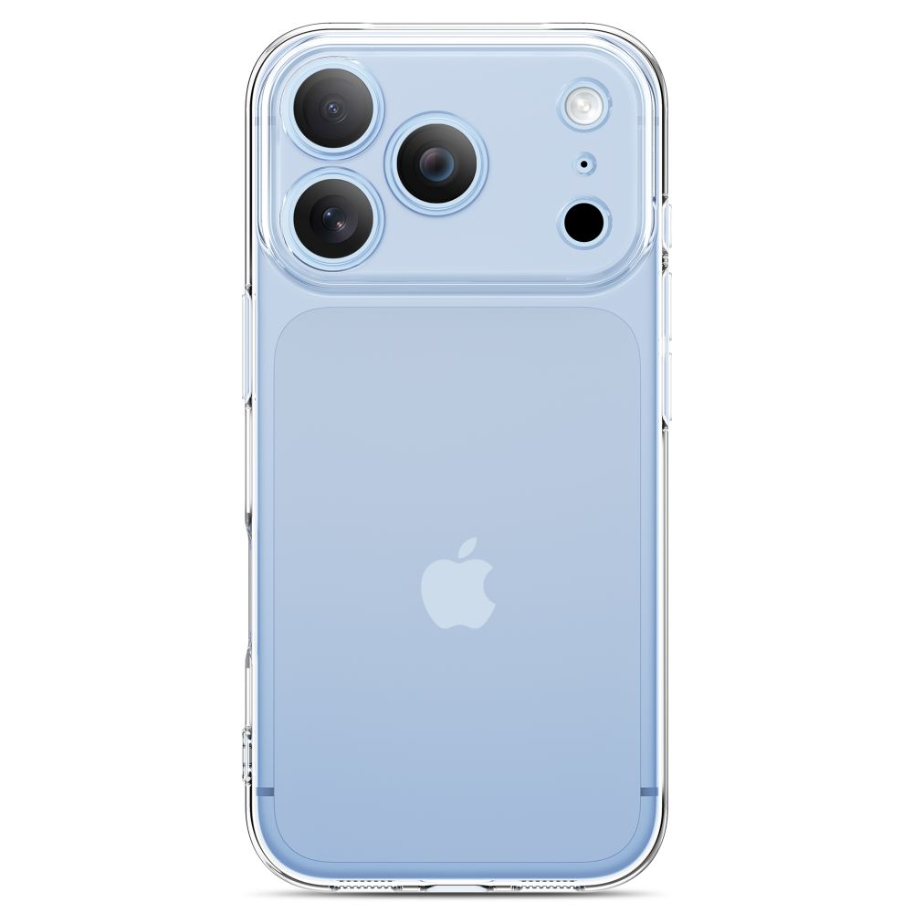 Hellblaues Smartphone in einer klaren Schutzhülle, Rückseite mit drei Kameraobjektiven und Apple-Logo.