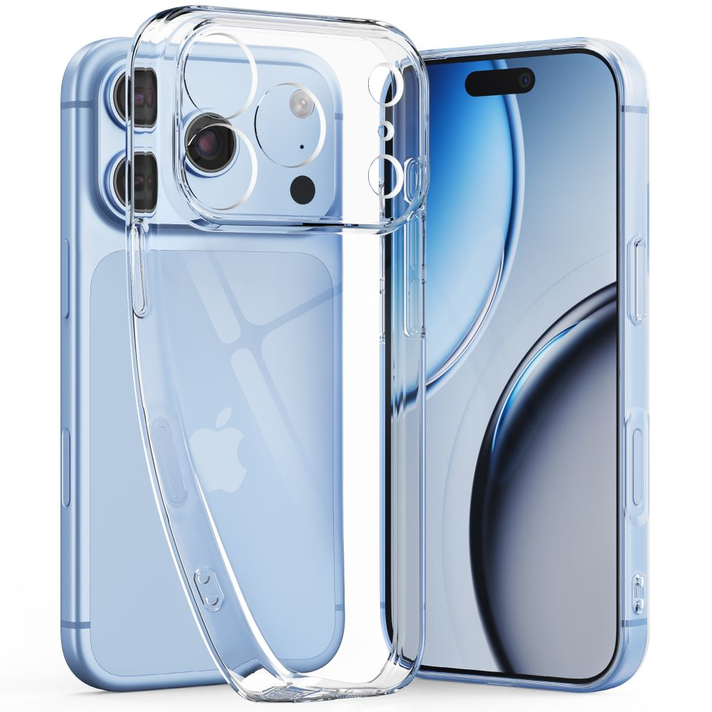 Ein hellblaues Smartphone mit einer transparenten Schutzhülle zeigt Vorder- und Rückseite.