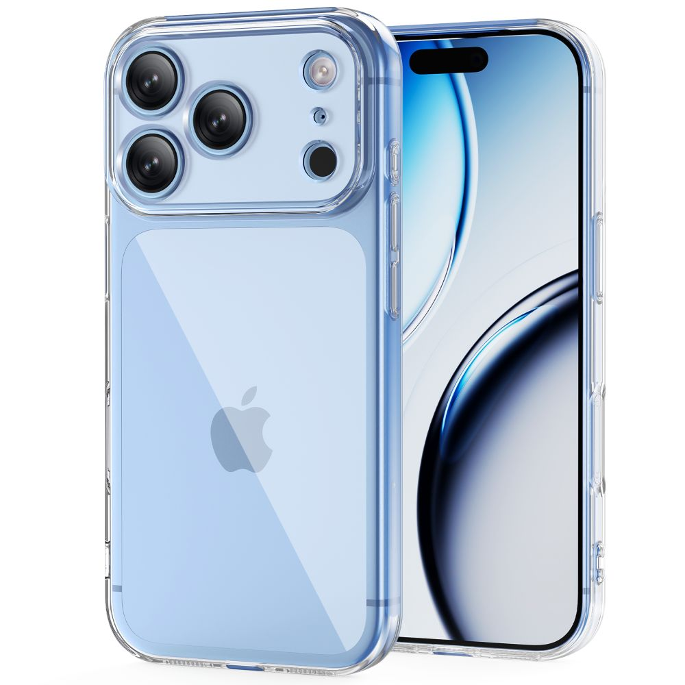 Ein hellblaues Smartphone mit transparenter Schutzhülle, dreifacher Kamera und Apple-Logo.