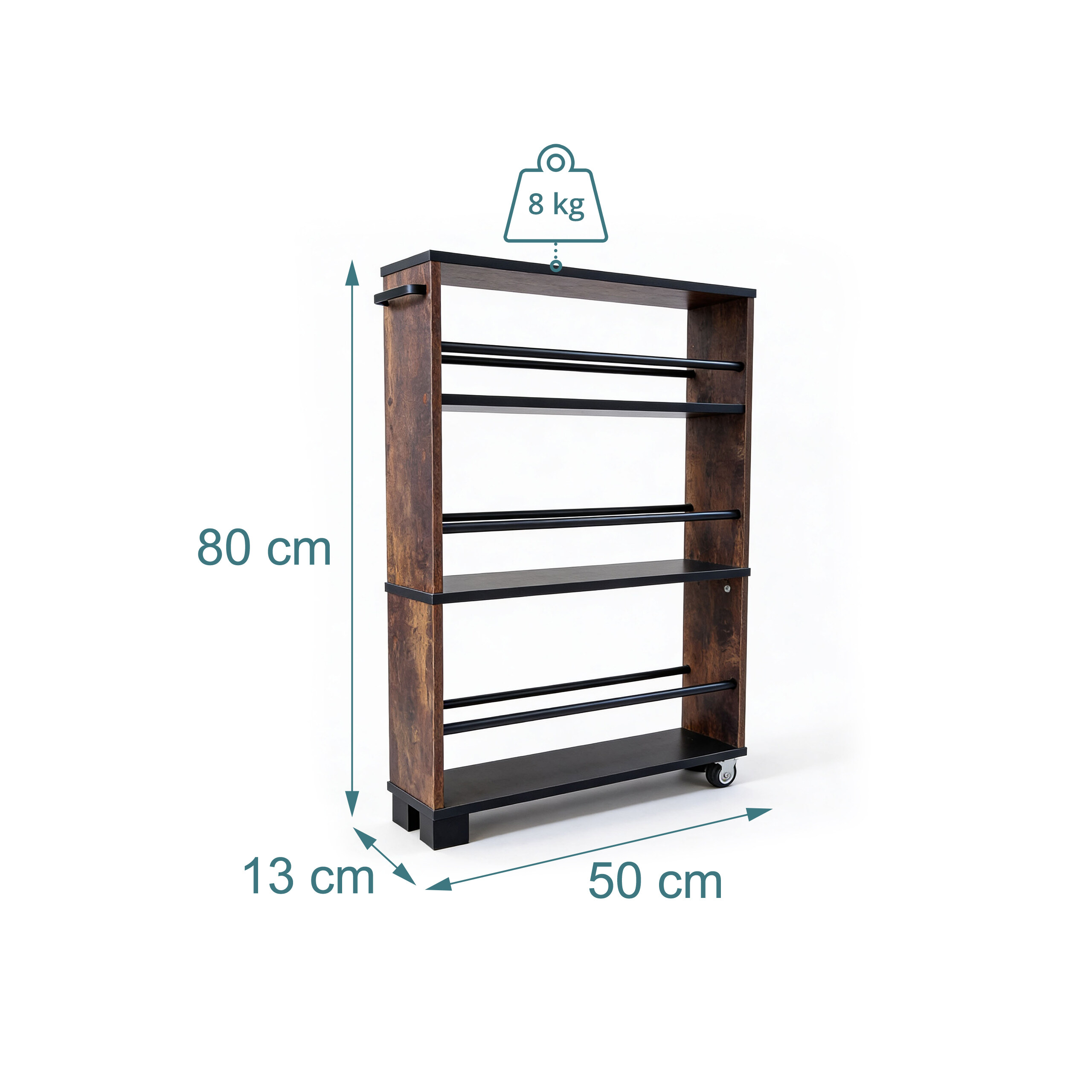 Schmales, braun-schwarzes Holzregal mit Rollen, 80 cm hoch, 50 cm lang, 13 cm breit und 8 kg Tragkraft.