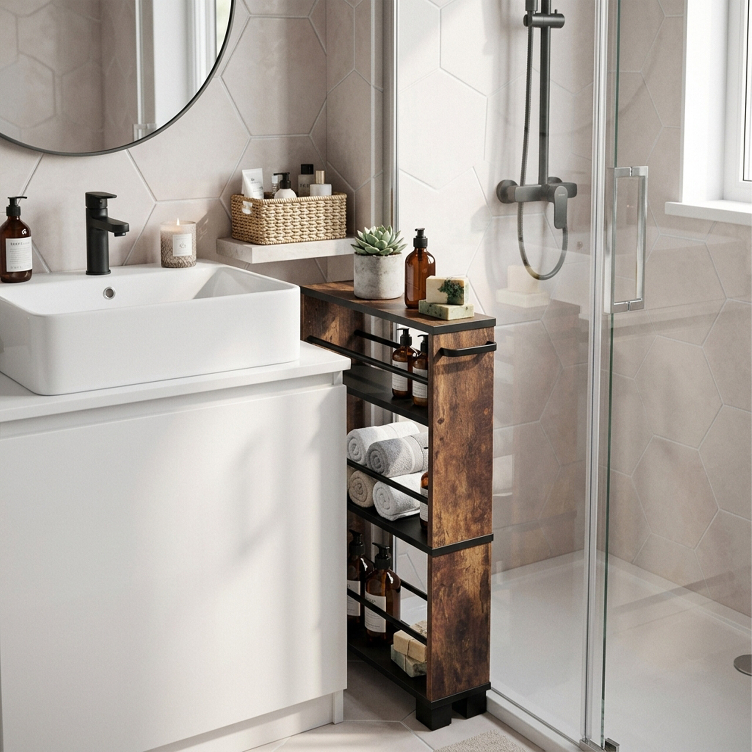 Ein modernes Badezimmer mit weißem Waschbecken, Holzregal mit Handtüchern und Glasdusche.