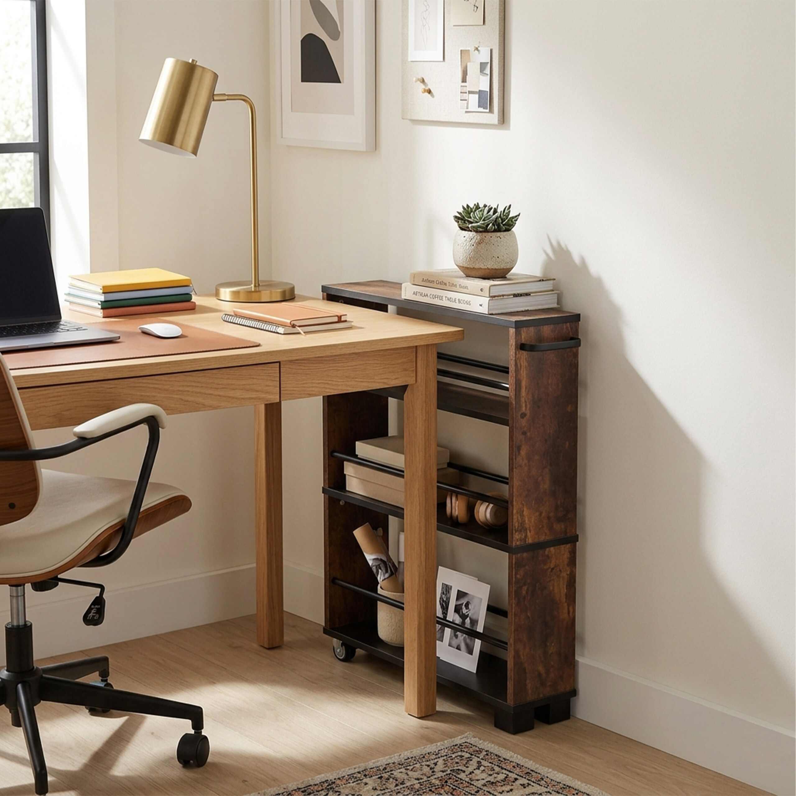 Ein Holreibtisch mit Lampe und Laptop steht neben einem rollbaren Regal mit Büchern.