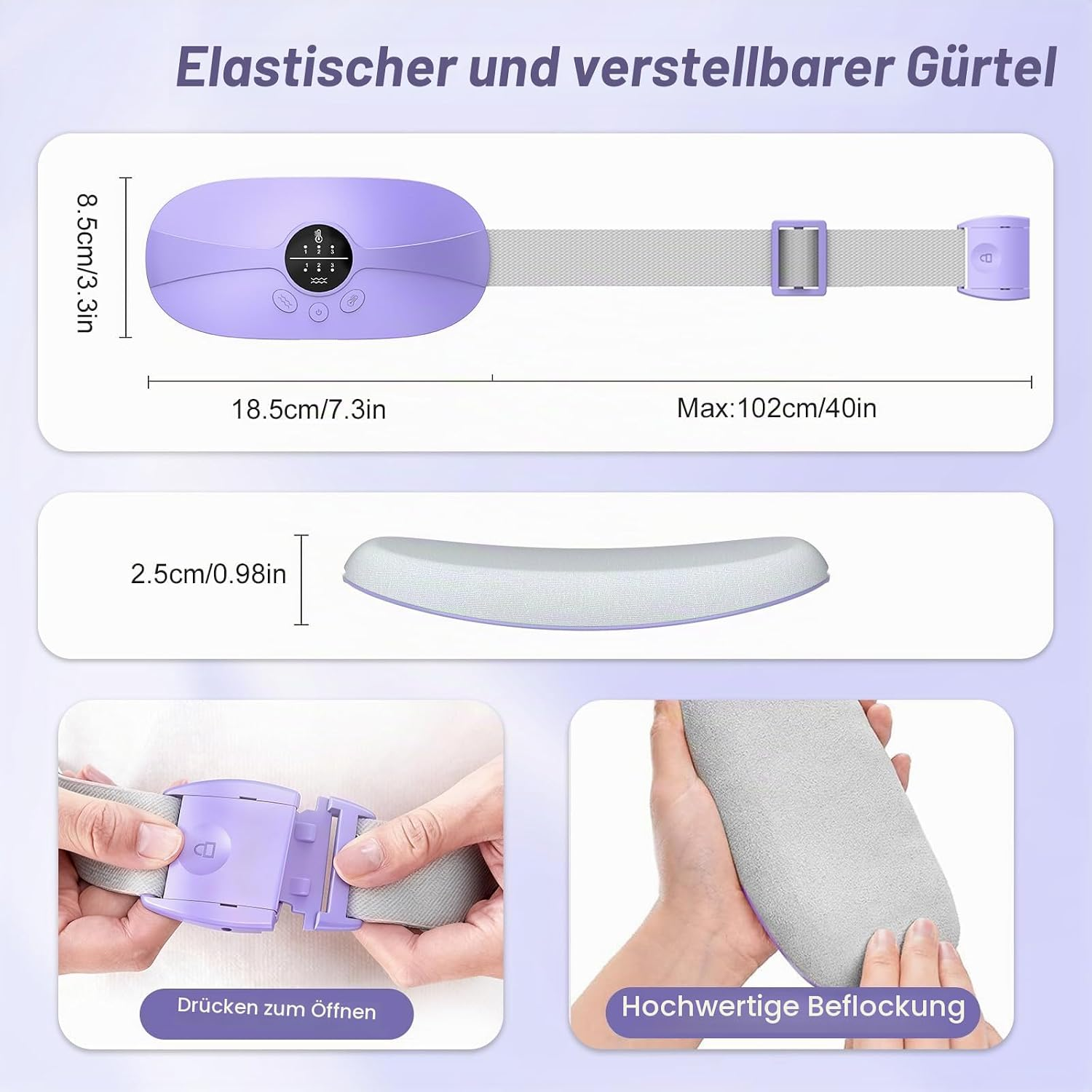 Lila verstellbarer Wärmegürtel mit Maßen, Schnalle und weicher Oberfläche.