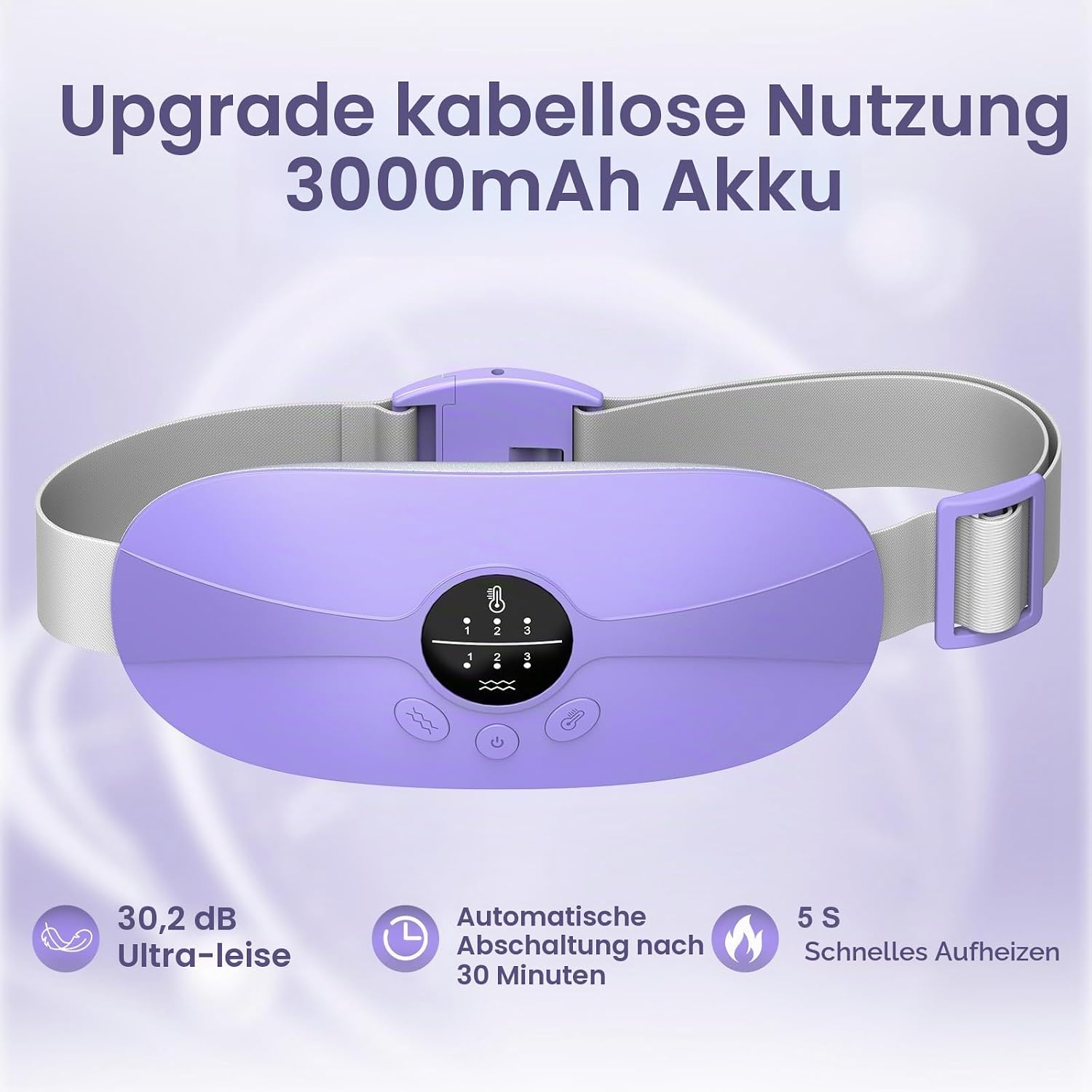 Ein lila kabelloser Heizgürtel mit Digitaldisplay, Gurt und Funktionssymbolen vor helllila Hintergrund.
