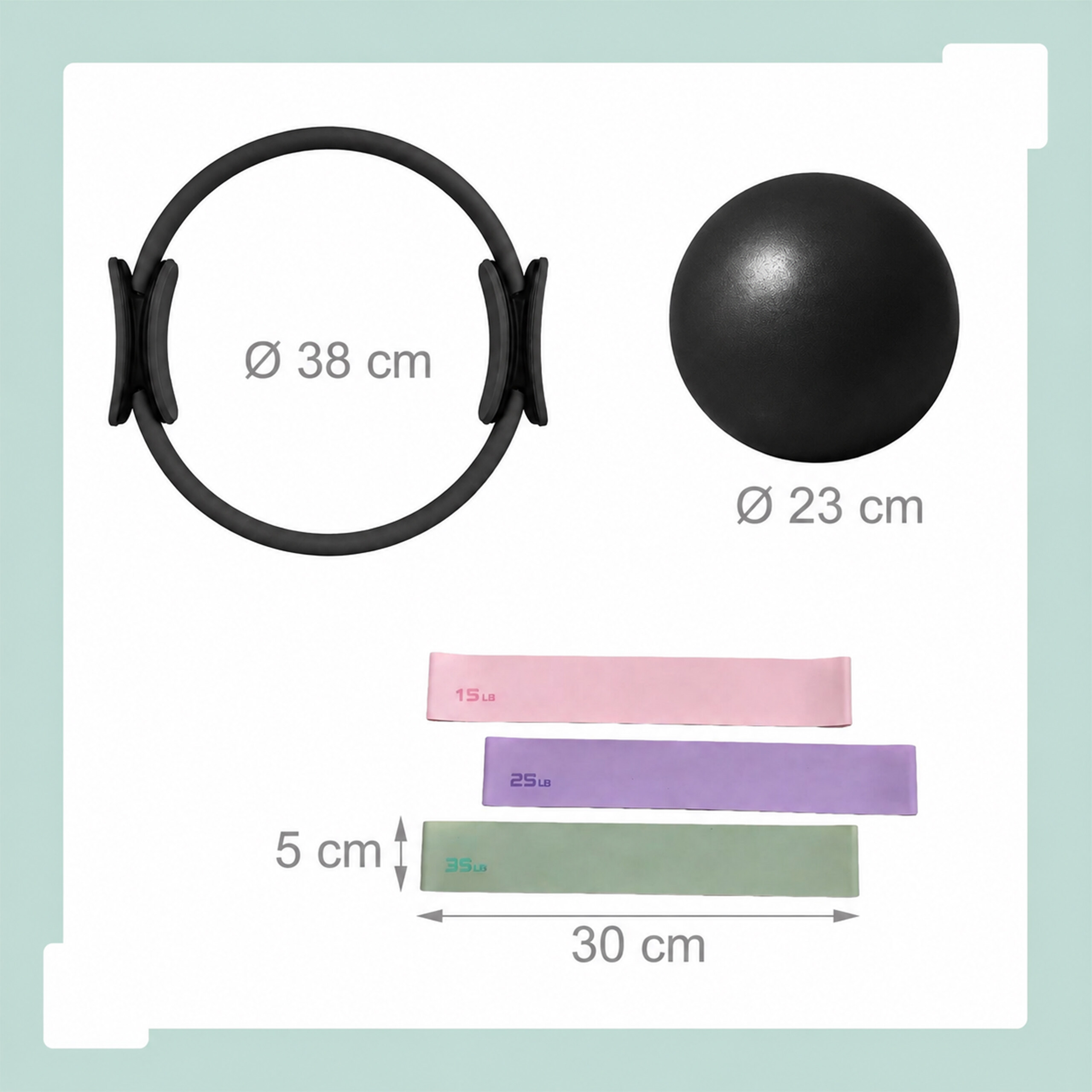 Fitnessset mit schwarzem Ring (38cm), Ball (23cm) und drei Widerstandsbändern (30x5cm) in Rosa, Lila und Grün.