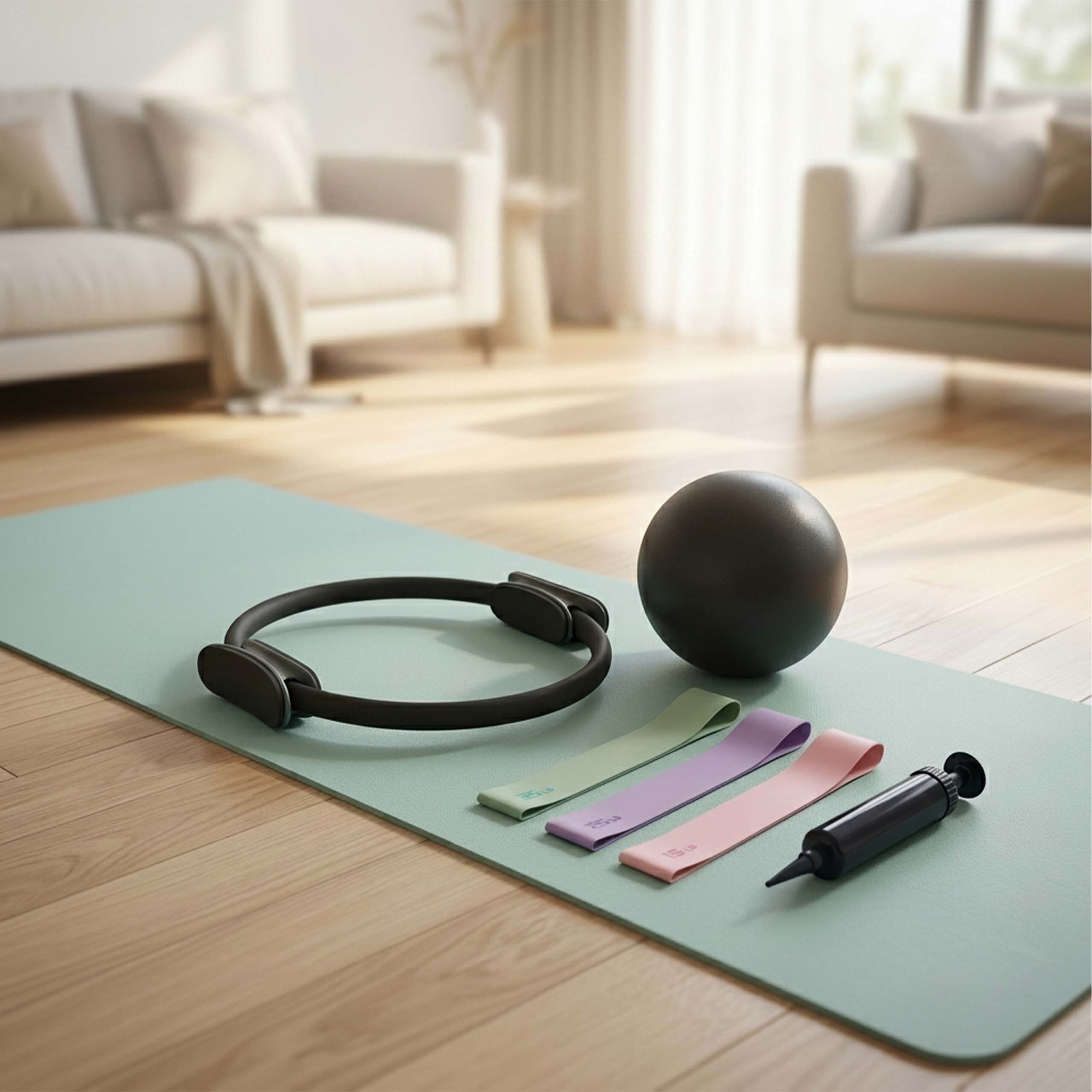 Fitnessgeräte wie ein Pilatesring, eine Kugel, Bänder und eine Pumpe auf einer Matte im Wohnzimmer.