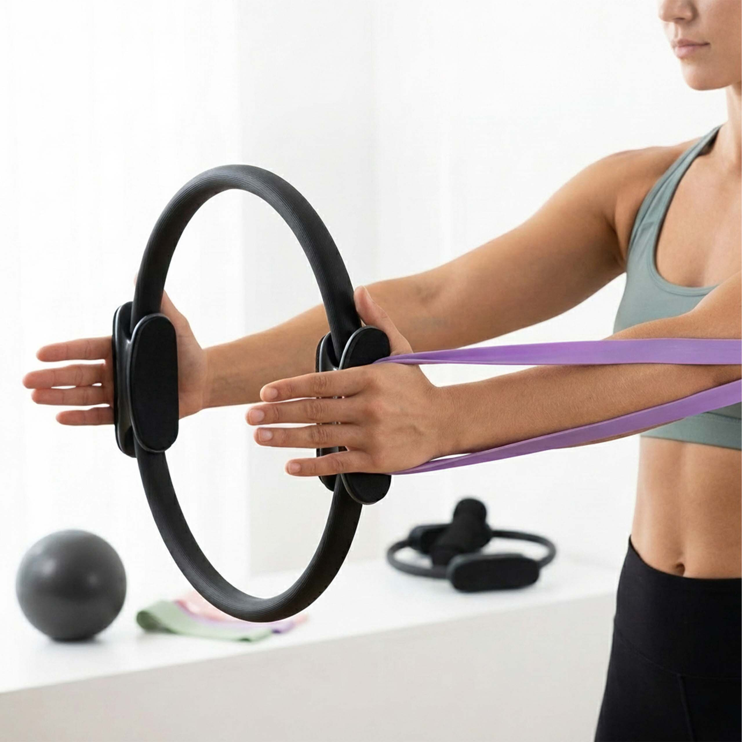 Eine Frau hält einen schwarzen Fitnessring und ein lila Widerstandsband in ihren Händen und trainiert drinnen.