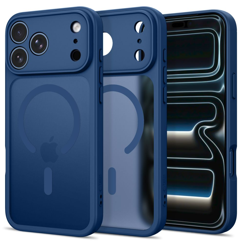 Drei blaue Smartphone-Hüllen, die Vorderseite, Rückseite und eine halbdurchsichtige Schutzhülle mit MagSafe-Ring zeigen.