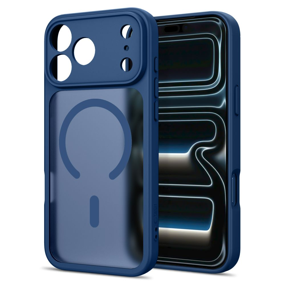 Eine blaue Smartphone-Hülle mit durchsichtiger Rückseite und Magnetring vor weißem Hintergrund.
