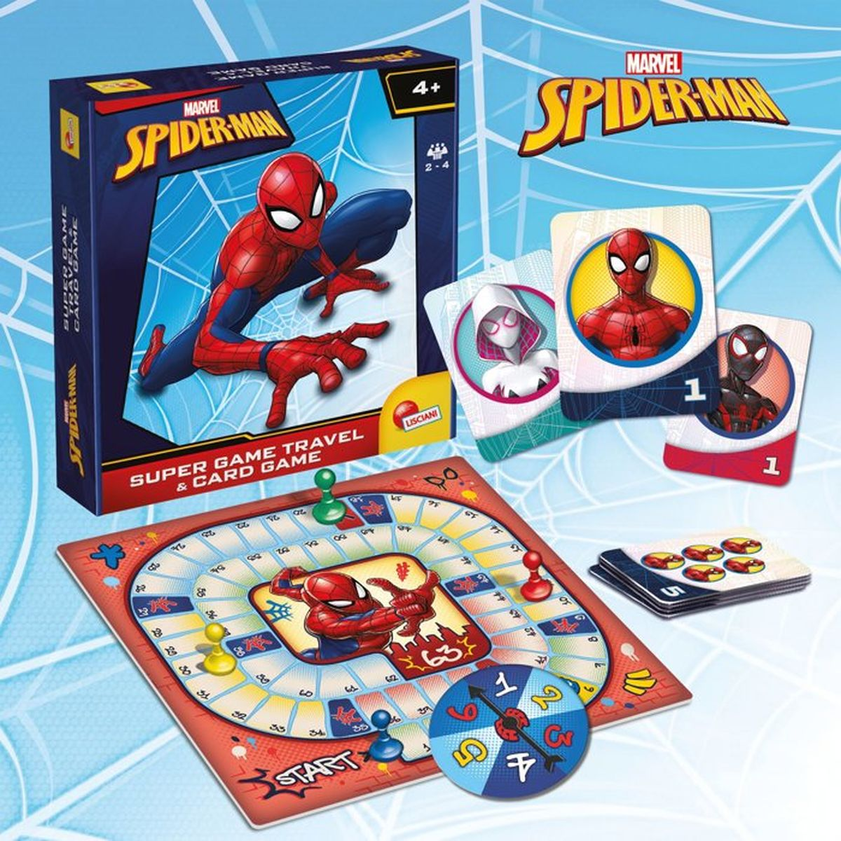 Marvel Spider-Man Reisekartenspiel mit Brett, Karten, Spielfiguren und Spinner vor blauem Hintergrund.