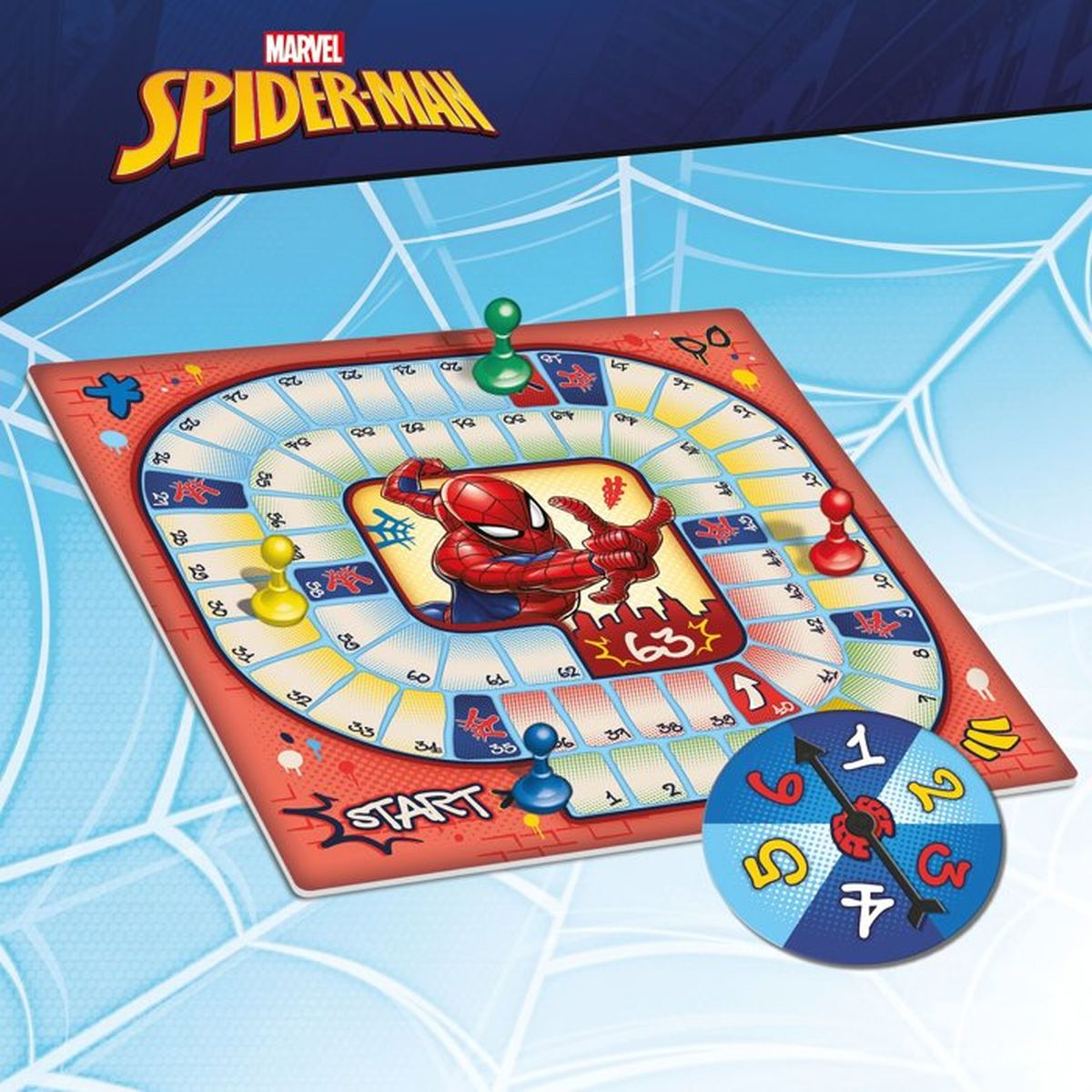 Ein Marvel Spider-Man-Brettspiel mit nummerierten Feldern, vier farbigen Spielfiguren und einem Spinner auf blauem Netz.