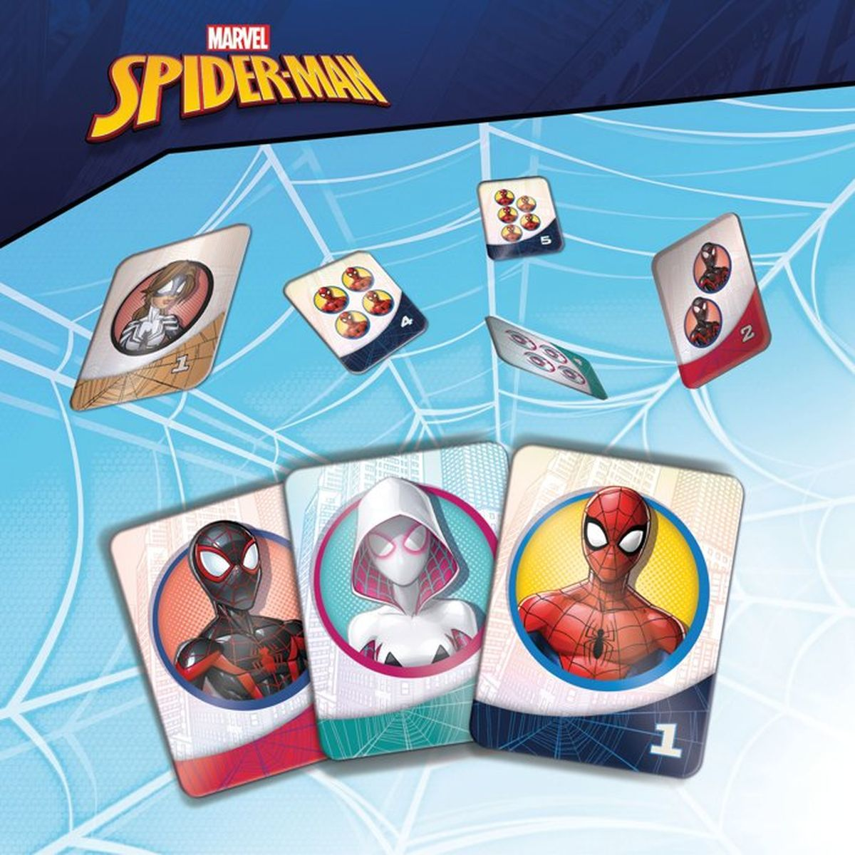 Spider-Man Kartenspiel zeigt Charaktere wie Miles Morales, Ghost-Spider und Peter Parker auf bläulichem Hintergrund.