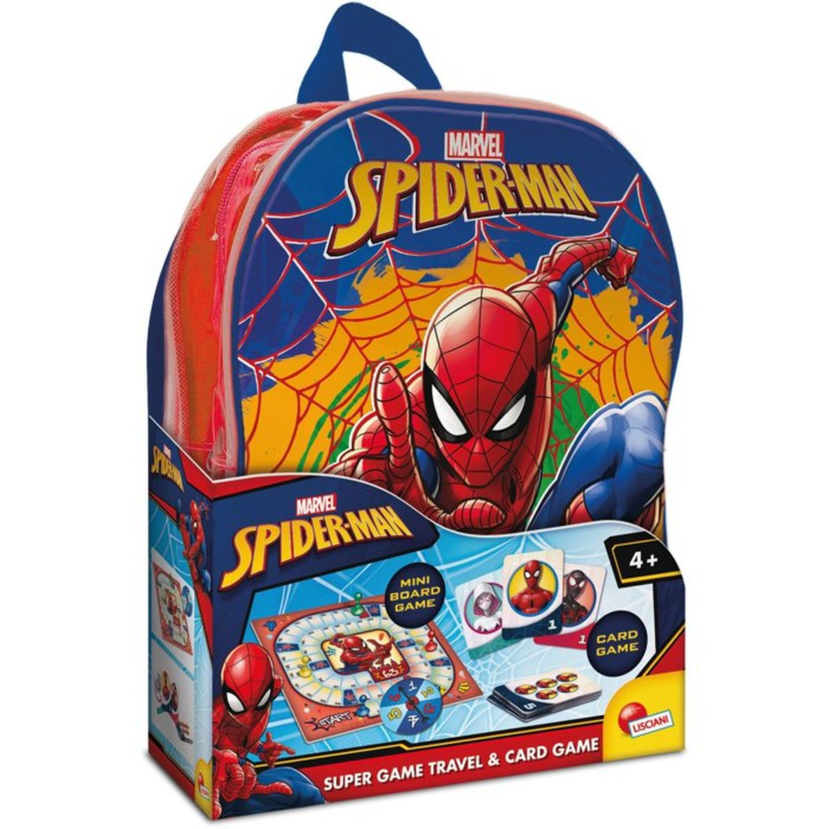 Spider-Man Rucksack mit Reißverschluss, der ein Mini-Brettspiel und ein Kartenspiel für Kinder ab 4 Jahren enthält.