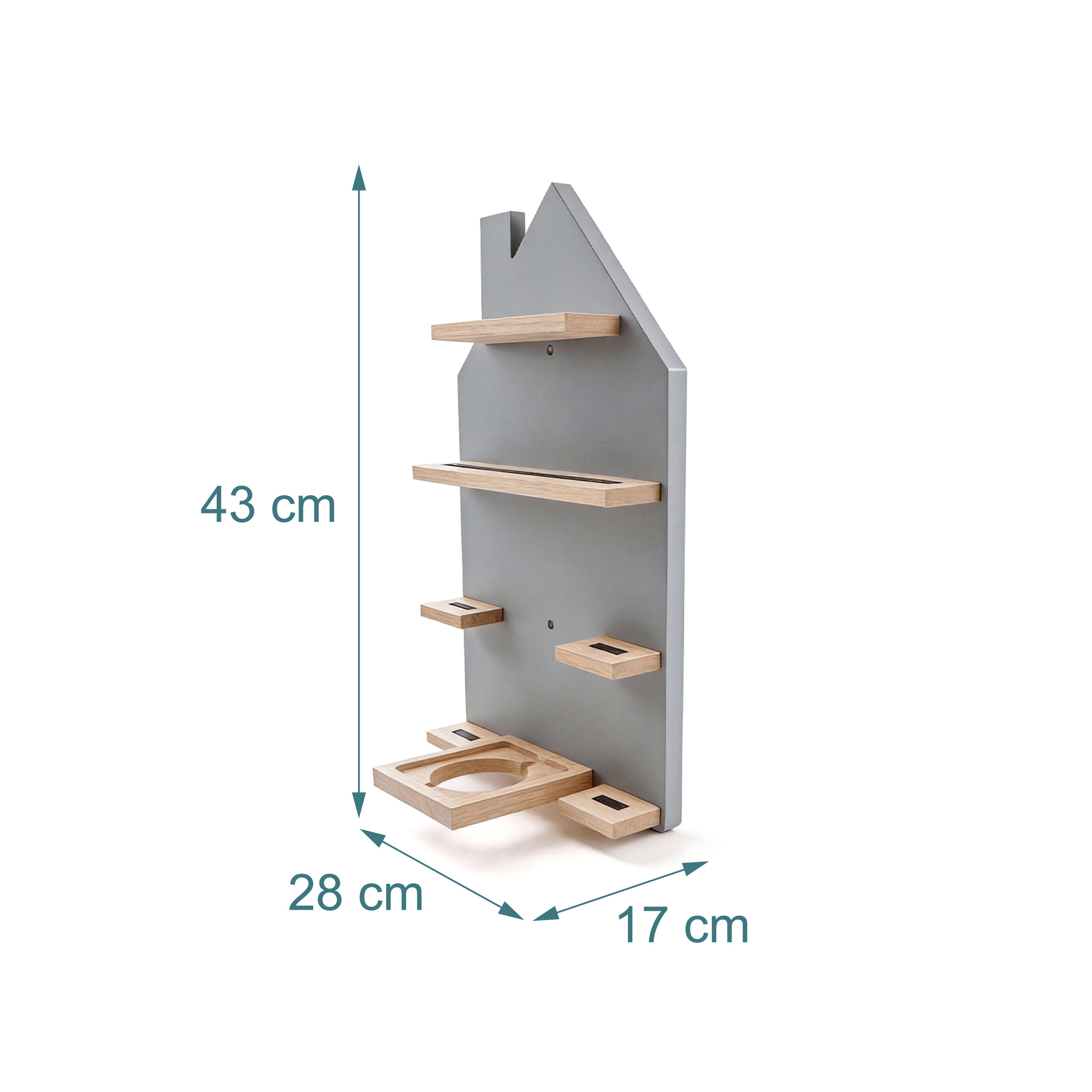 Graues Wandregal in Hausform mit Holzregalen und Maßangaben in cm.