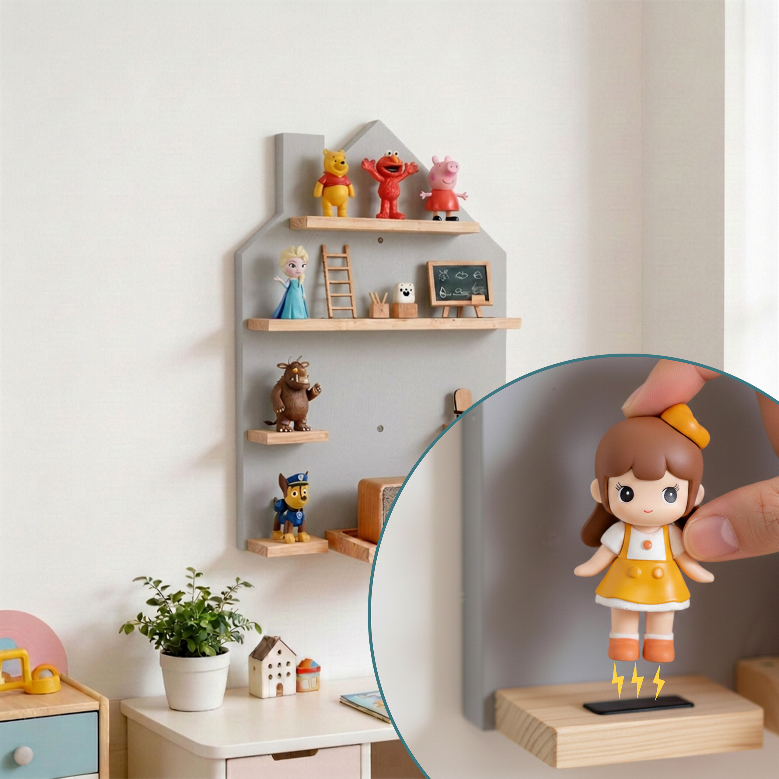 Wandregal in Hausform mit Spielzeugfiguren und schwebender Puppenfigur.