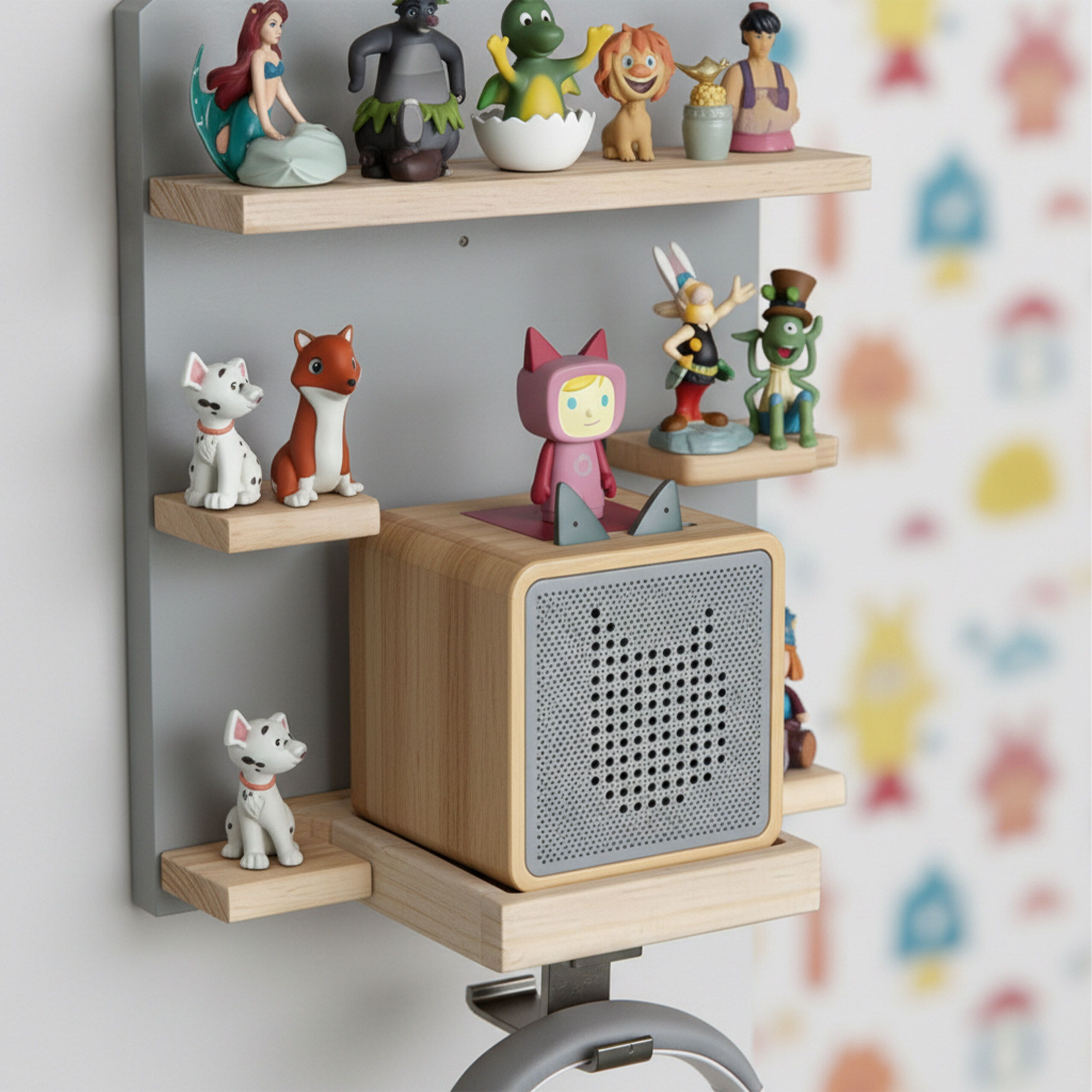 Ein Holzregal mit Cartoon-Figuren und ein Holz-Audioplayer mit grauem Lautsprechergrill.
