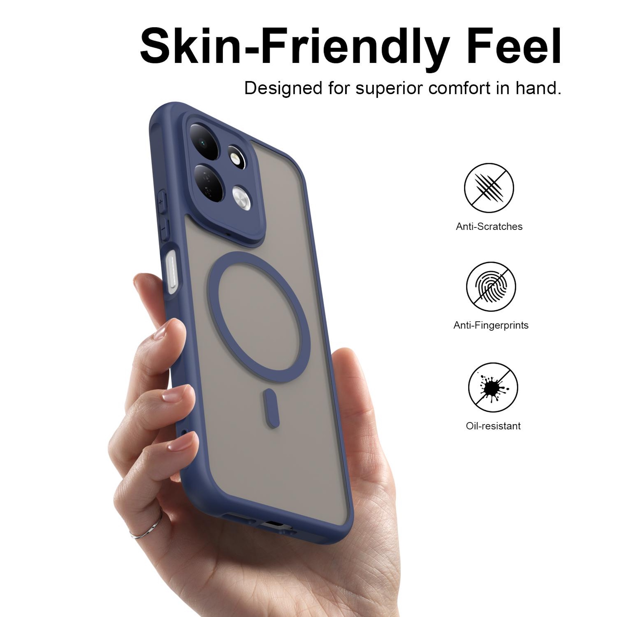 Hand hält blaue Schutzhülle für ein Smartphone mit MagSafe-Ring.