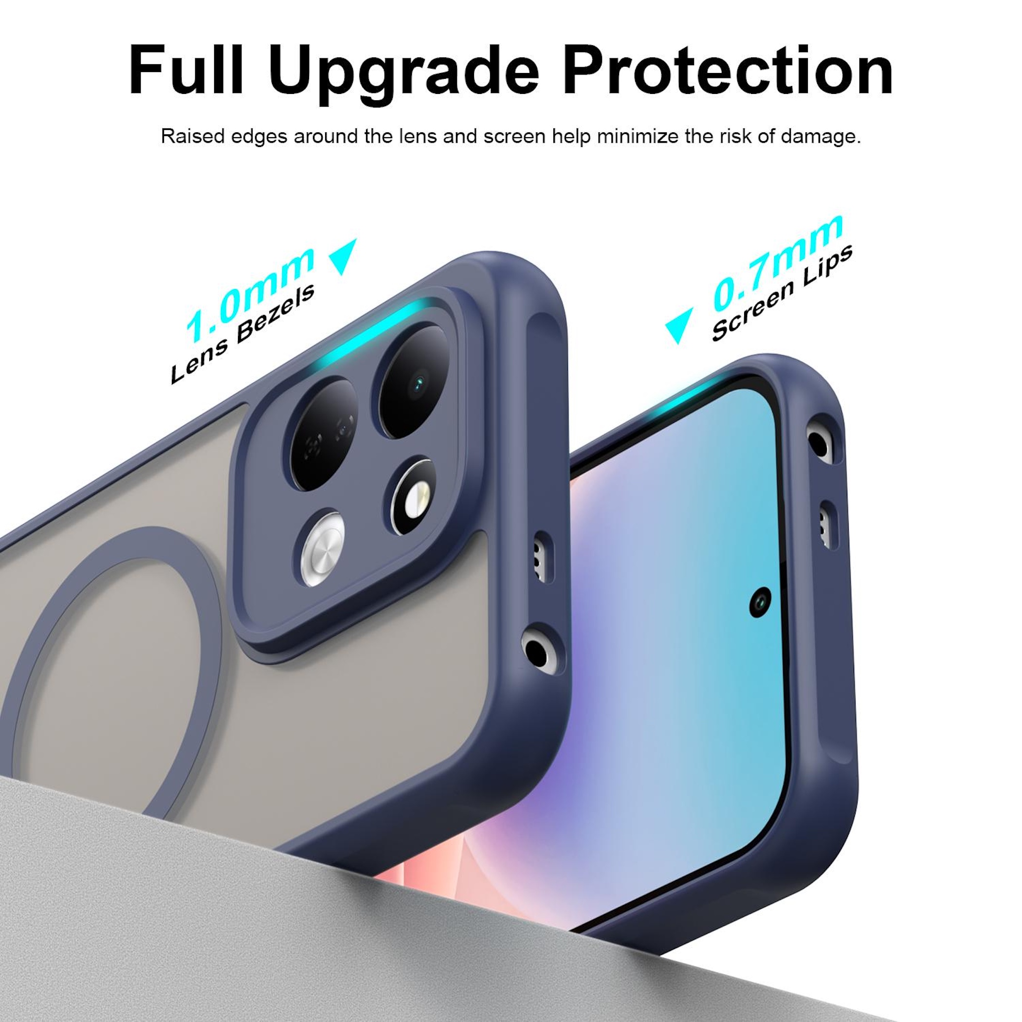 Blaue Handyhülle mit 1,0mm Linsenrand und 0,7mm Bildschirmlippe für Schutz.
