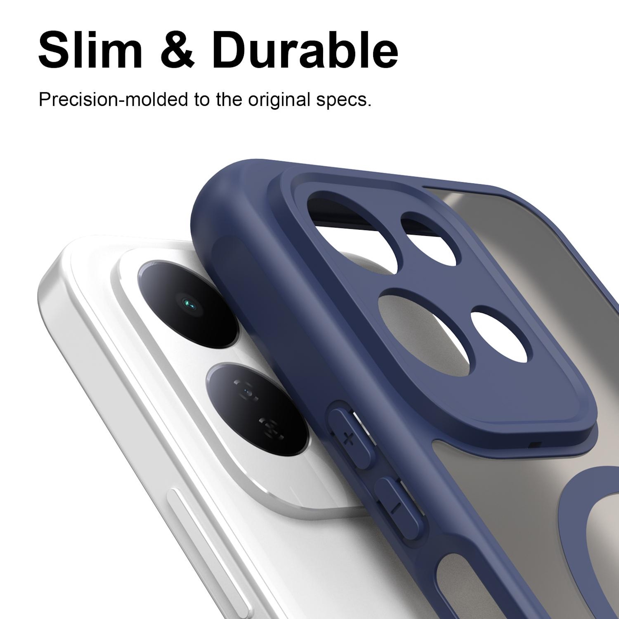 Eine blaue Schutzhülle auf einem weißen Smartphone mit Kamera. Text: Slim & Durable.