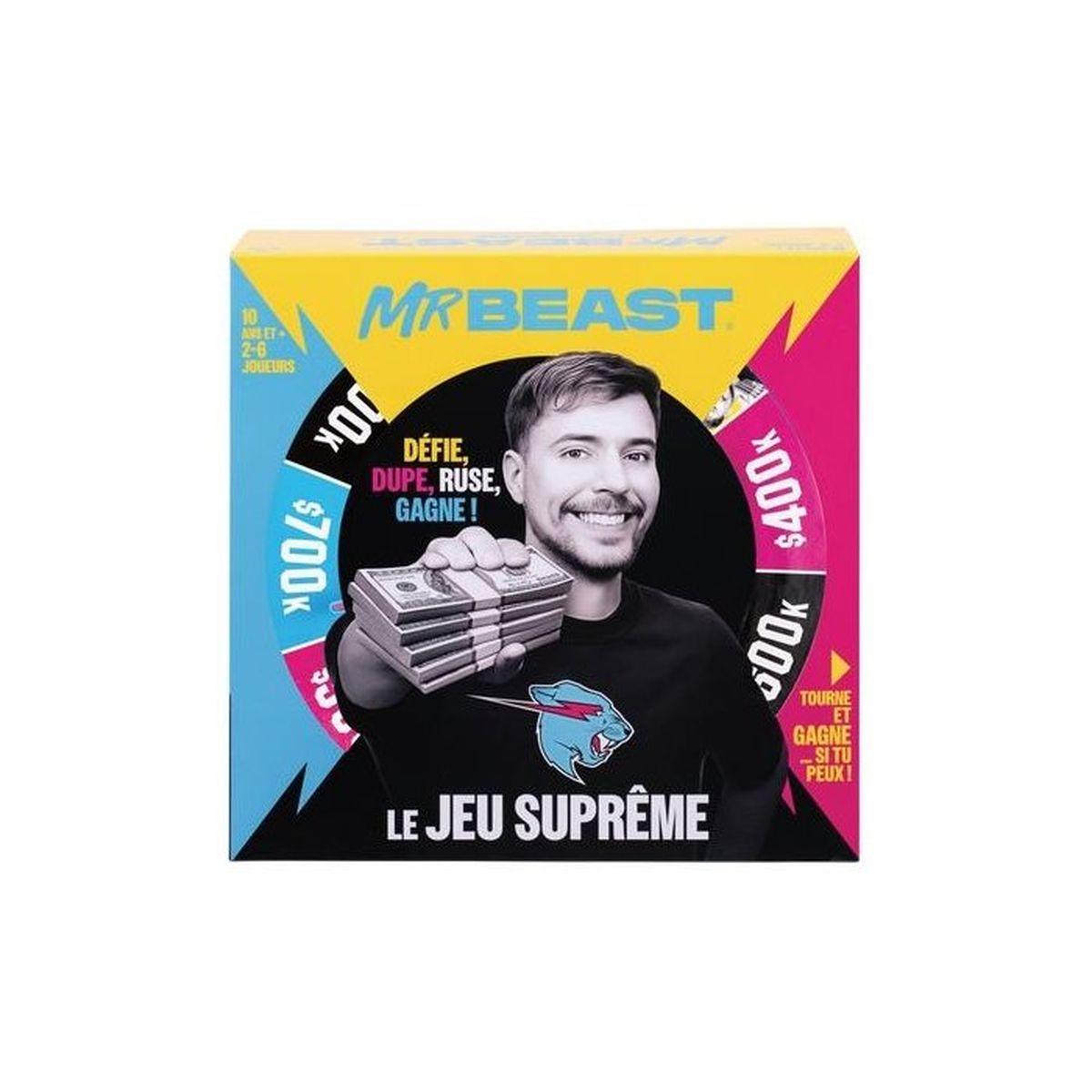 Scatola di gioco da tavolo MrBeast con MrBeast che tiene soldi e una ruota colorata.