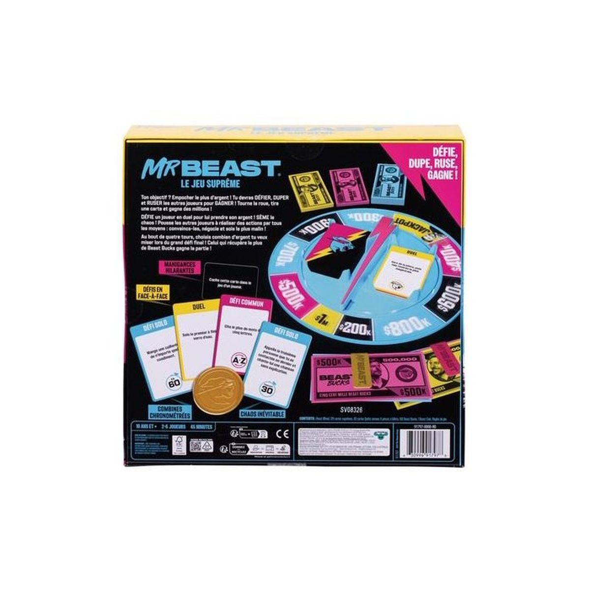 Il retro di una scatola del gioco da tavolo MrBeast mostra il tabellone blu, carte, denaro e regole.