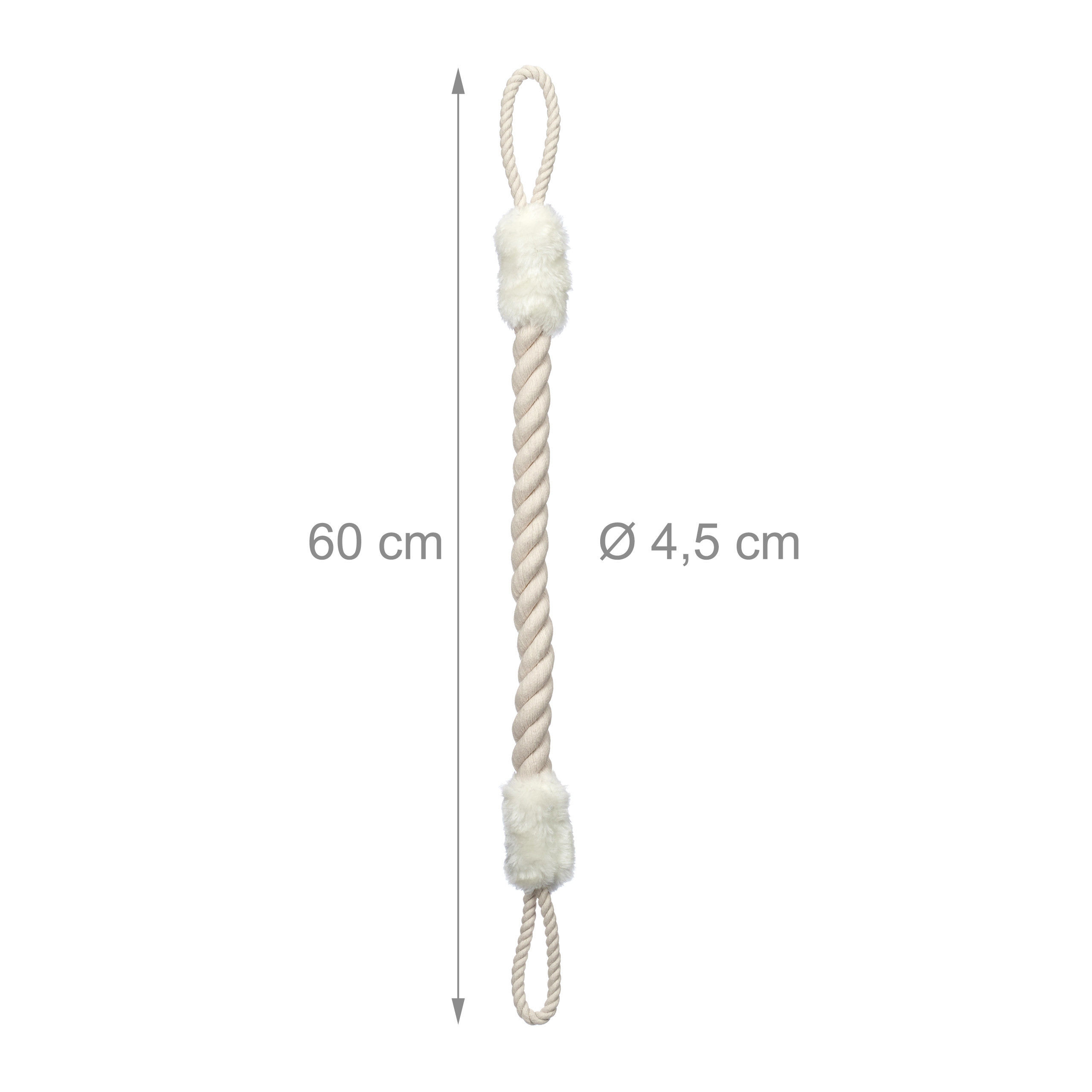Beiges Hundespielseil mit zwei Plueschelementen, 60 cm lang und 4,5 cm dick.