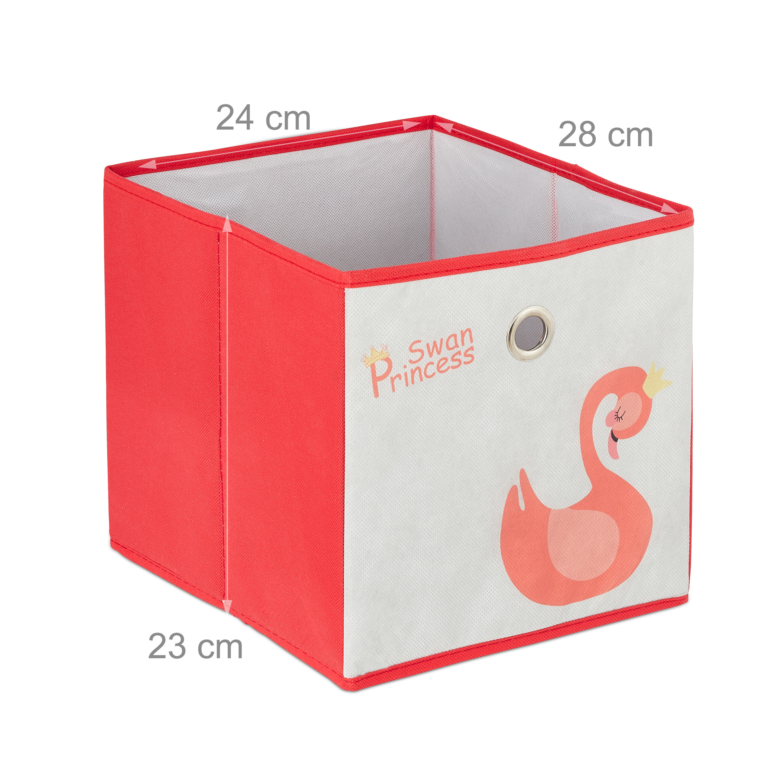 Rosa Stoff-Aufbewahrungsbox mit Schwanen-Motiv und Maßen.