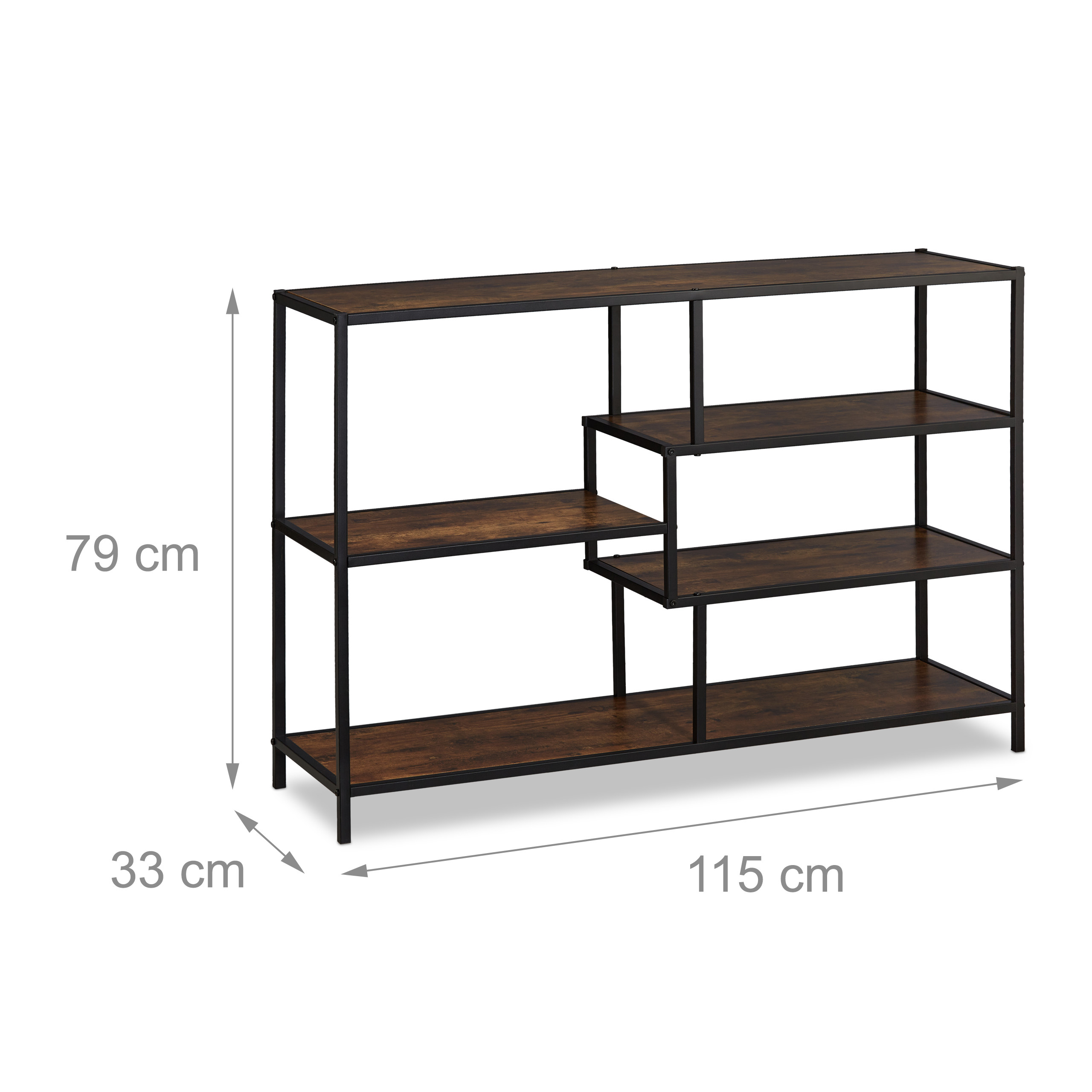 Industriedesign-Regal aus Holz und Metall mit Maßen 115x33x79 cm.