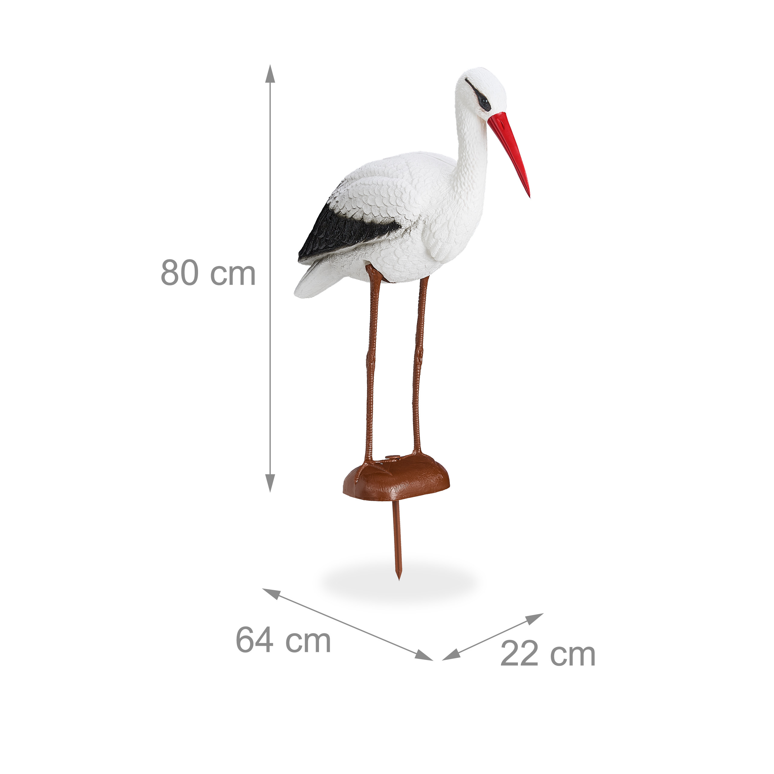 Weiße Plastikstorch-Gartenfigur mit roten und schwarzen Akzenten und Maßangaben in cm.