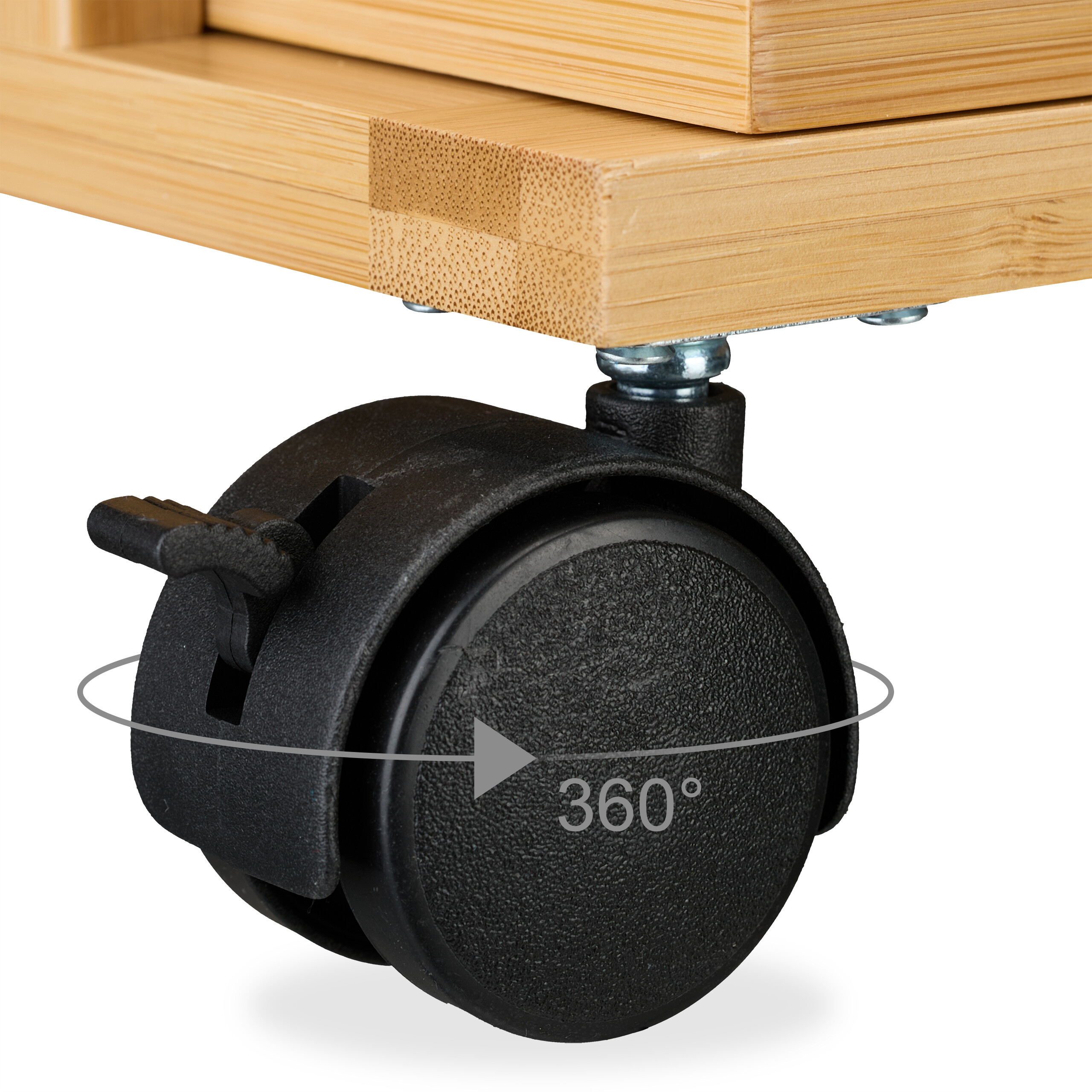 Eine schwarze 360-Grad-Lenkrolle mit feststellbarer Bremse ist an einem leeren Holzmöbelstück befestigt.