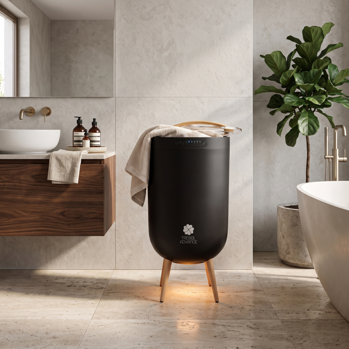 Un cesto de ropa negro con una toalla y patas de madera en un baño moderno y luminoso con una planta y una bañera.