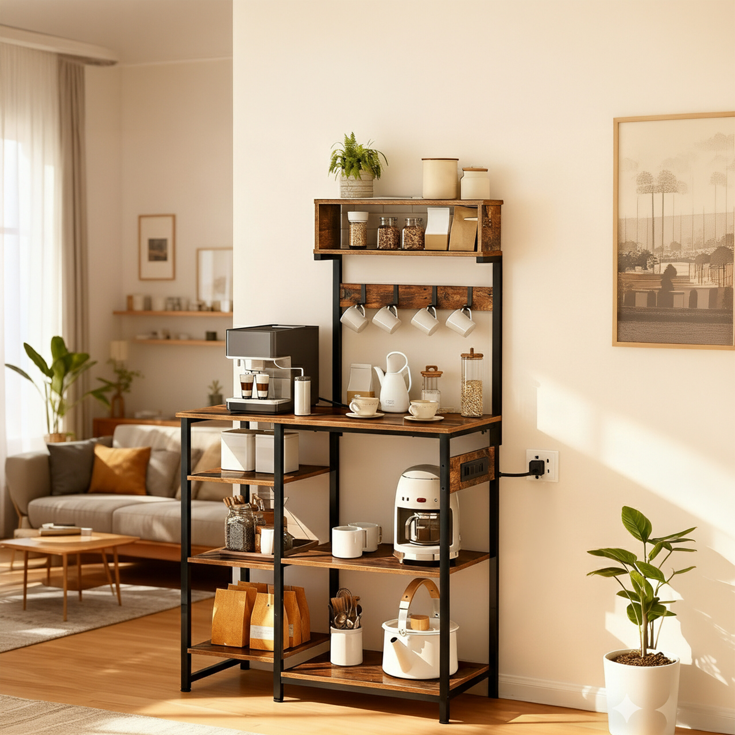 Ein Holz-Metall-Kaffeehalter mit Kaffeemaschine, Tassen und Vorratsdosen in einem hellen Wohnraum.