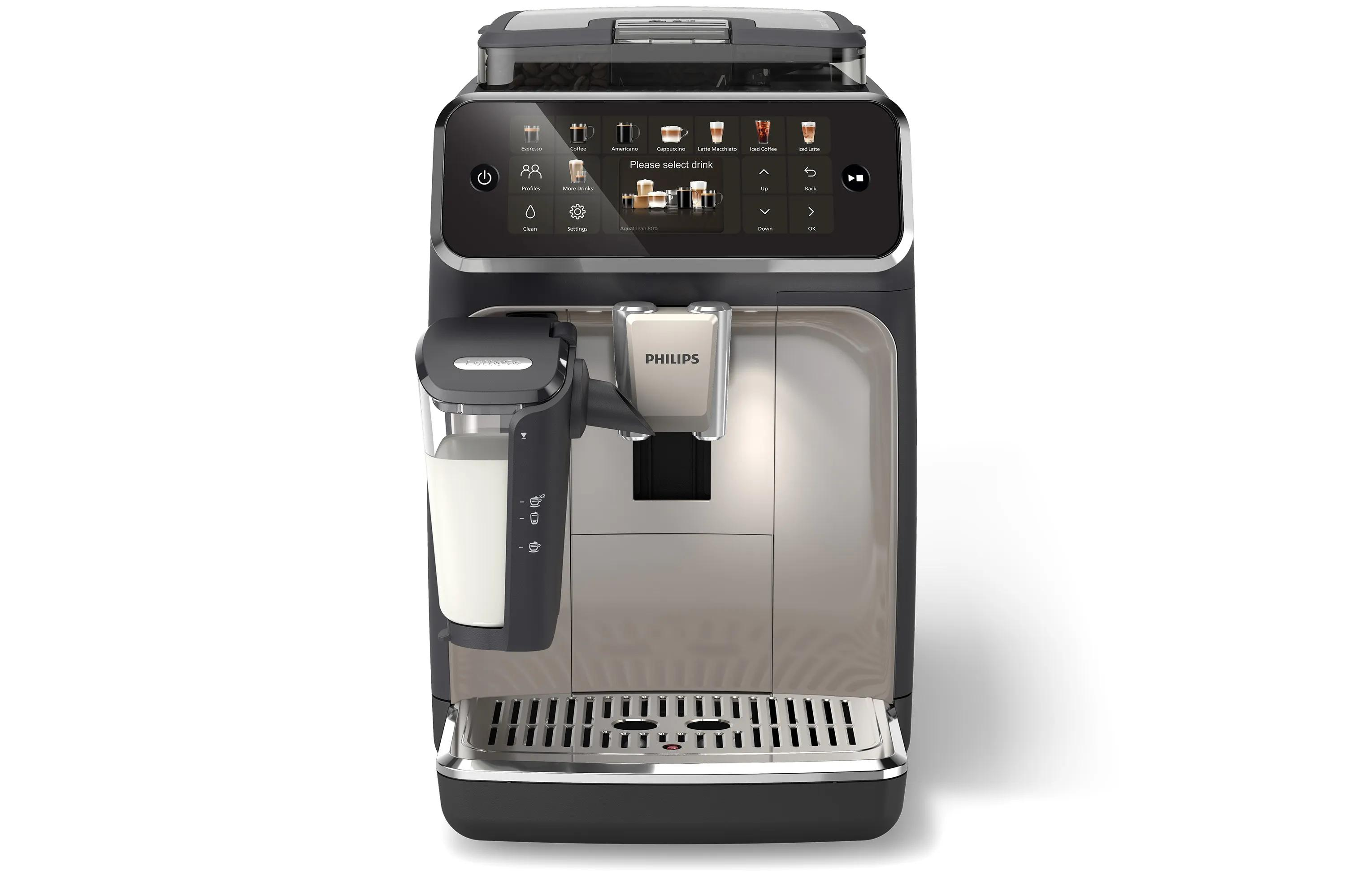 Moderne zwarte Philips volautomatische koffiemachine met digitaal touchscreen en melkreservoir.