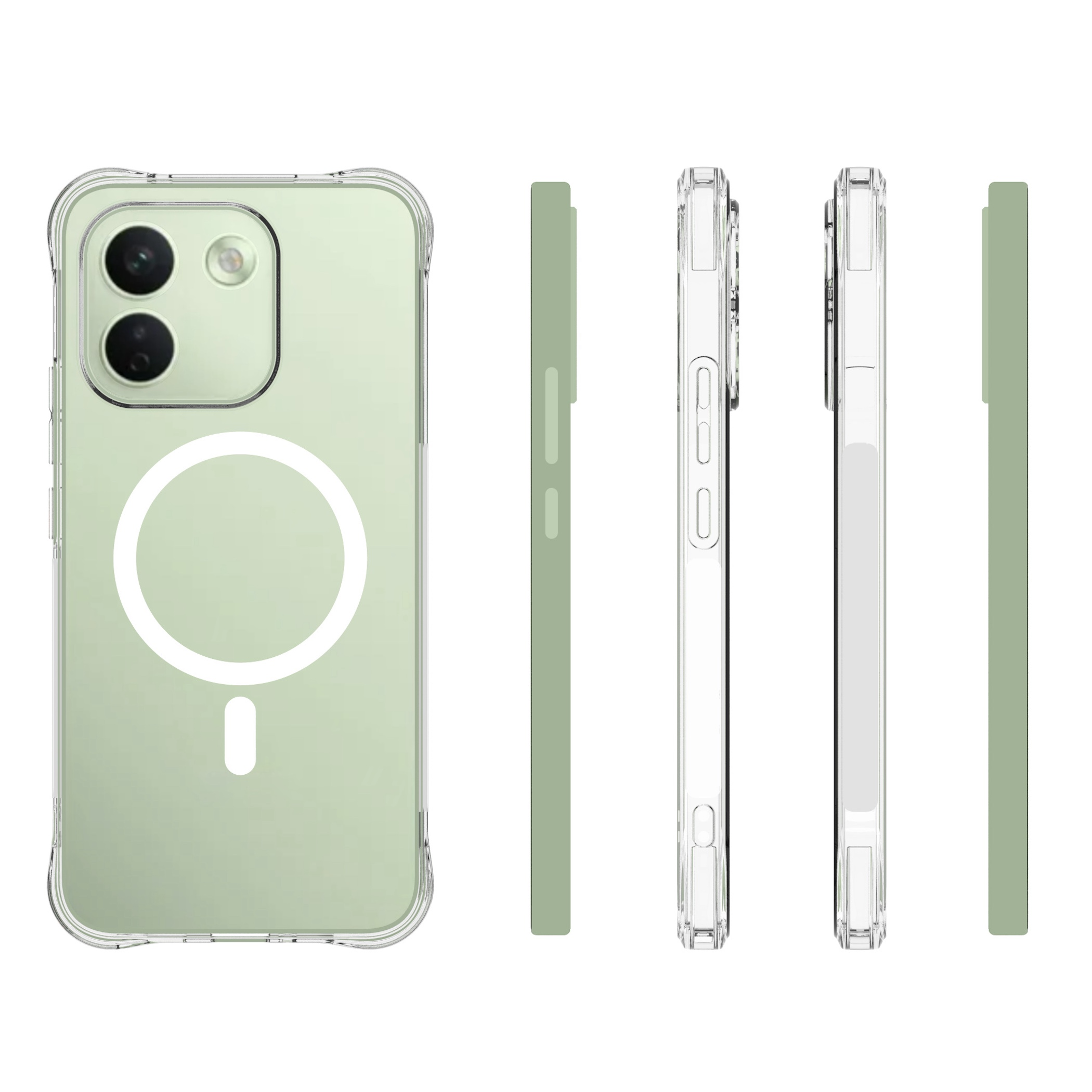 Ein hellgrünes Telefon mit transparenter MagSafe-Hülle, gezeigt von hinten und an den Seiten auf weiß.