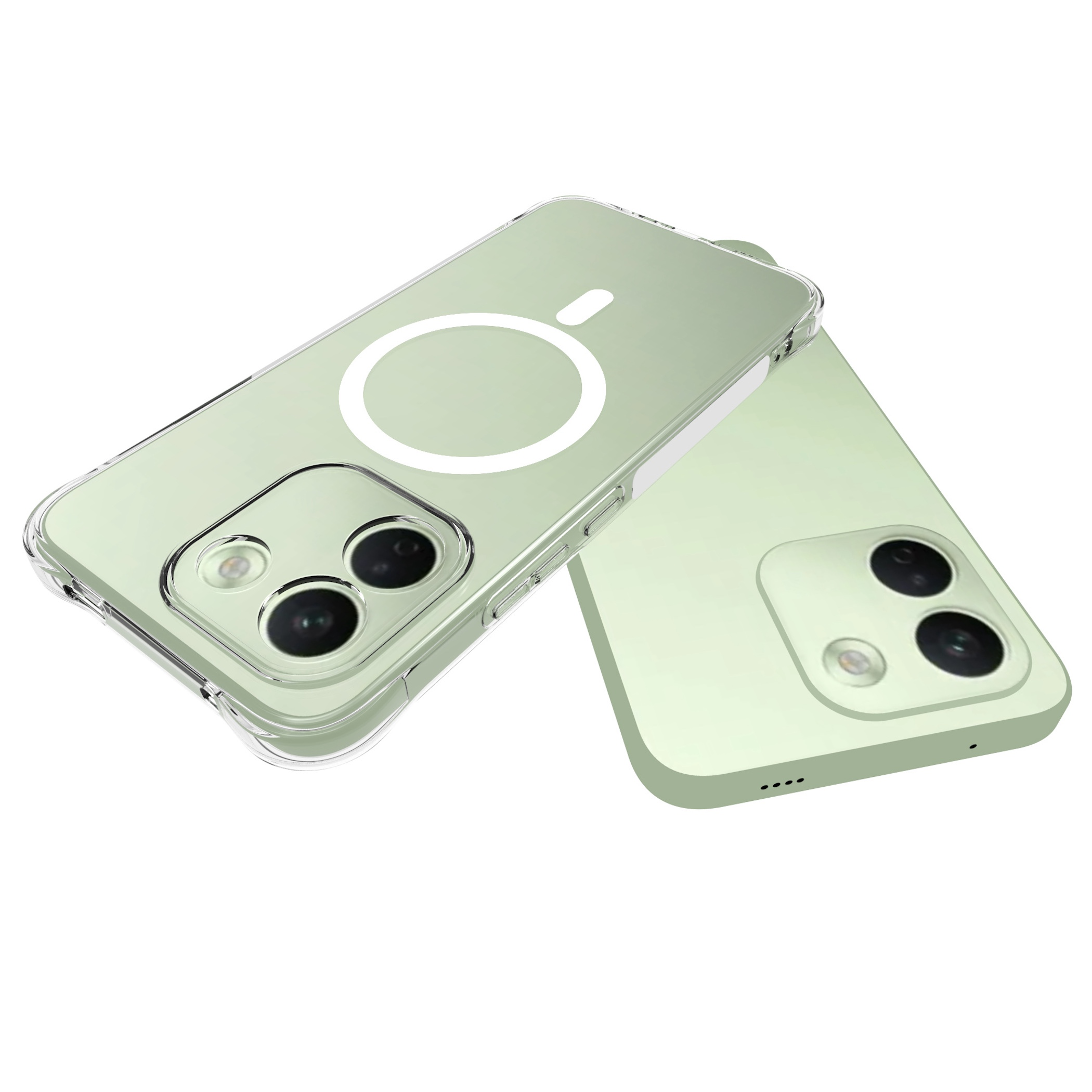 Zwei hellgrüne Smartphones von hinten, eines mit klarer MagSafe-Hülle vor weißem Hintergrund.