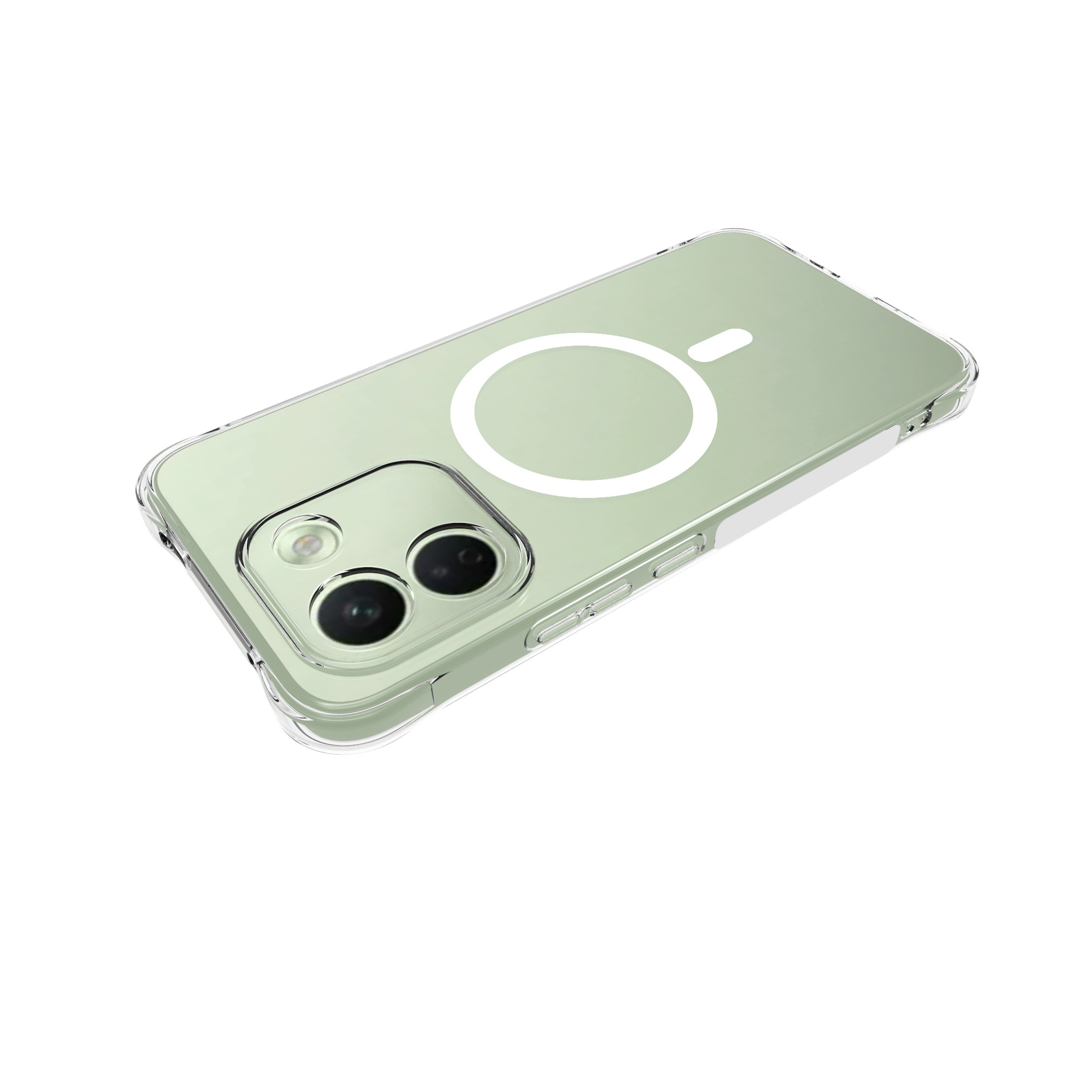 Ein hellgrünes Smartphone in einer klaren Hülle mit weißem MagSafe-Ring auf der Rückseite.