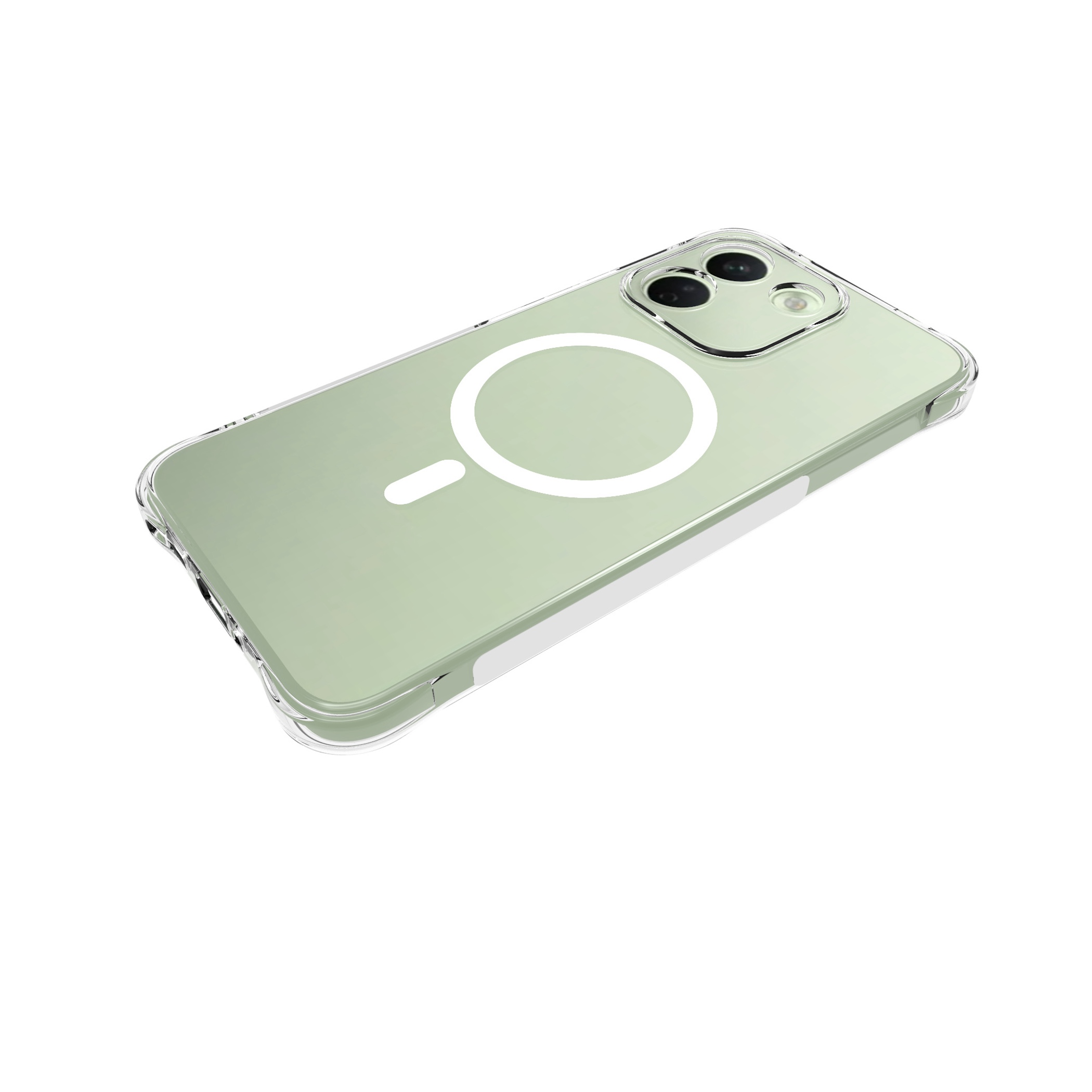 Ein hellgrünes Smartphone mit transparenter Hülle und Magnetring auf der Rückseite vor weißem Hintergrund.