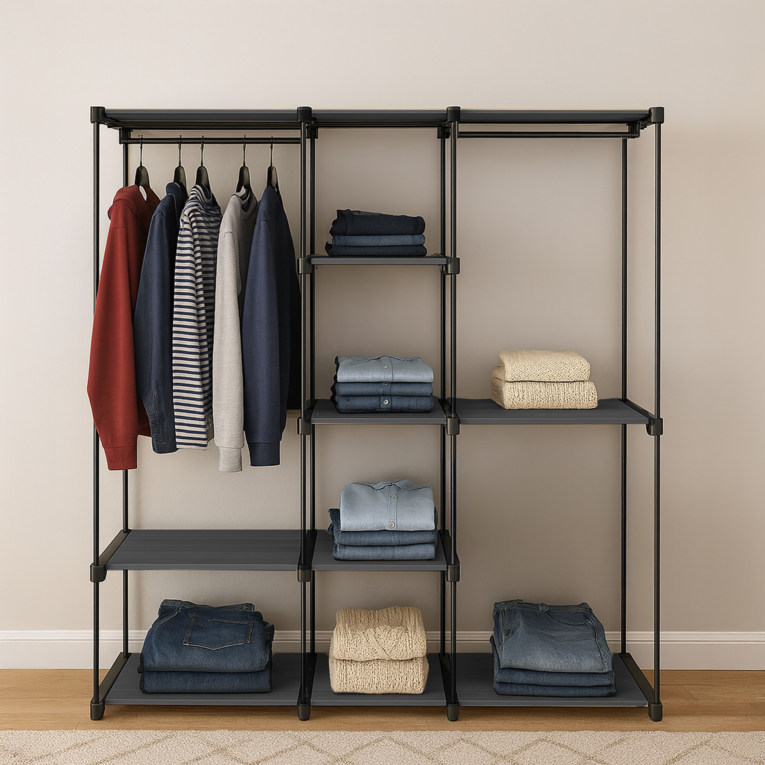 Ein offener, schwarzer Metallkleiderschrank mit hängender und gefalteter Kleidung vor einer hellen Wand.