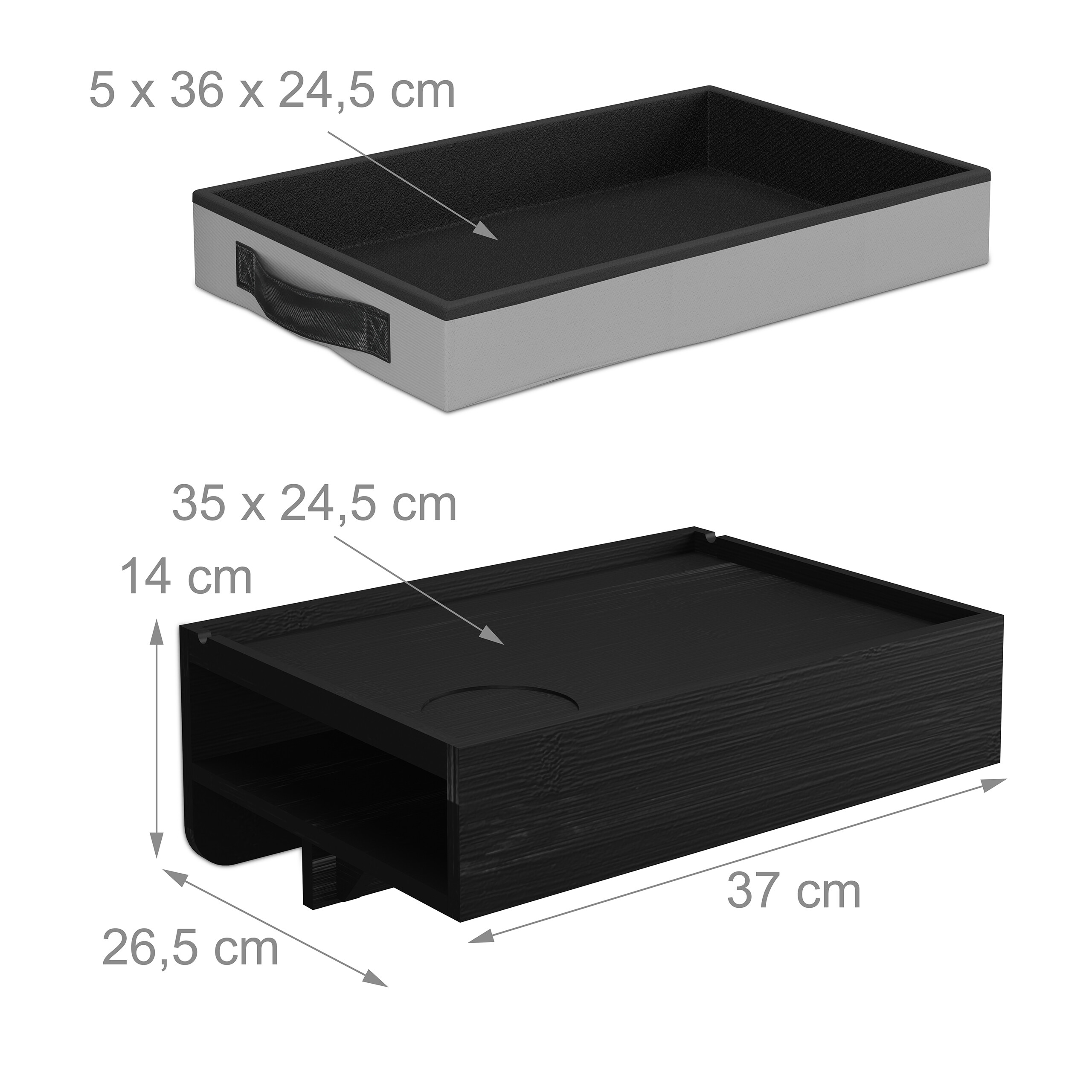 Zwei Ablageschalen mit Maßen, eine graue Stoffschale und eine schwarze Holzsofaschale.