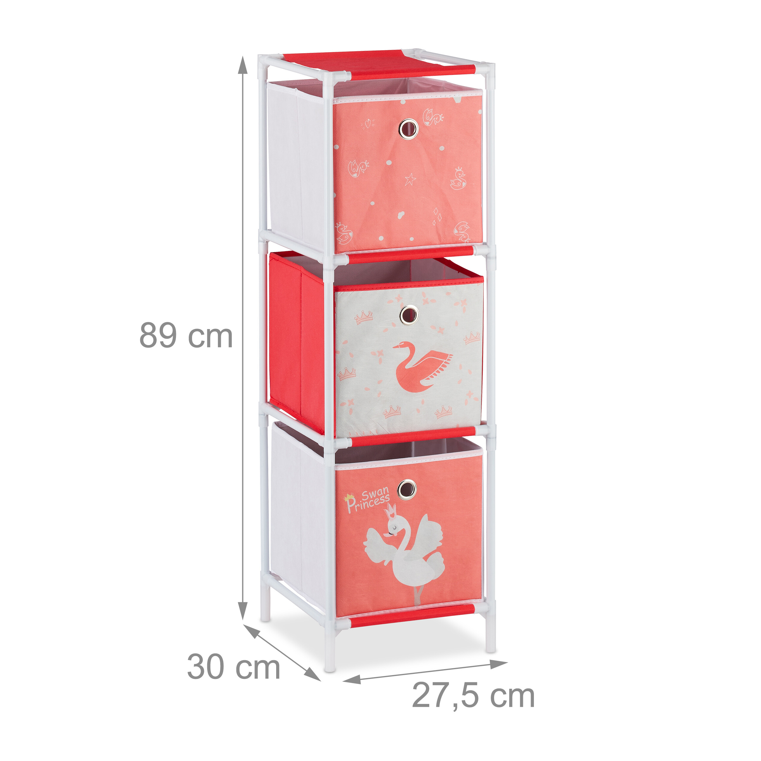 Ein dreistöckiges pink-weißes Stoffregal für Kinder mit Schwanenmotiven und Abmessungen.
