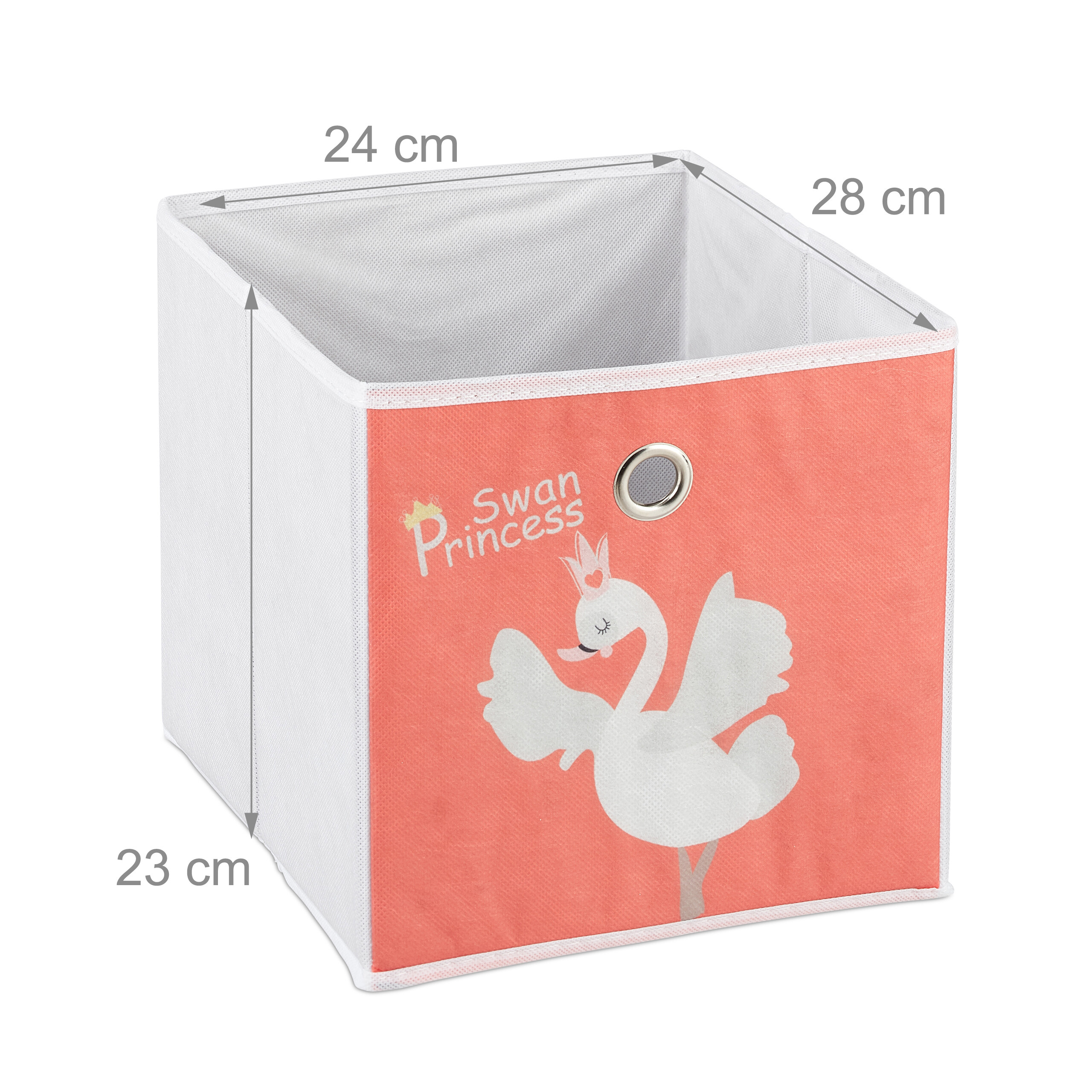 Eine rosa Aufbewahrungsbox mit Schwan-Motiv und Maßen: 24 cm Breite, 28 cm Tiefe, 23 cm Höhe.
