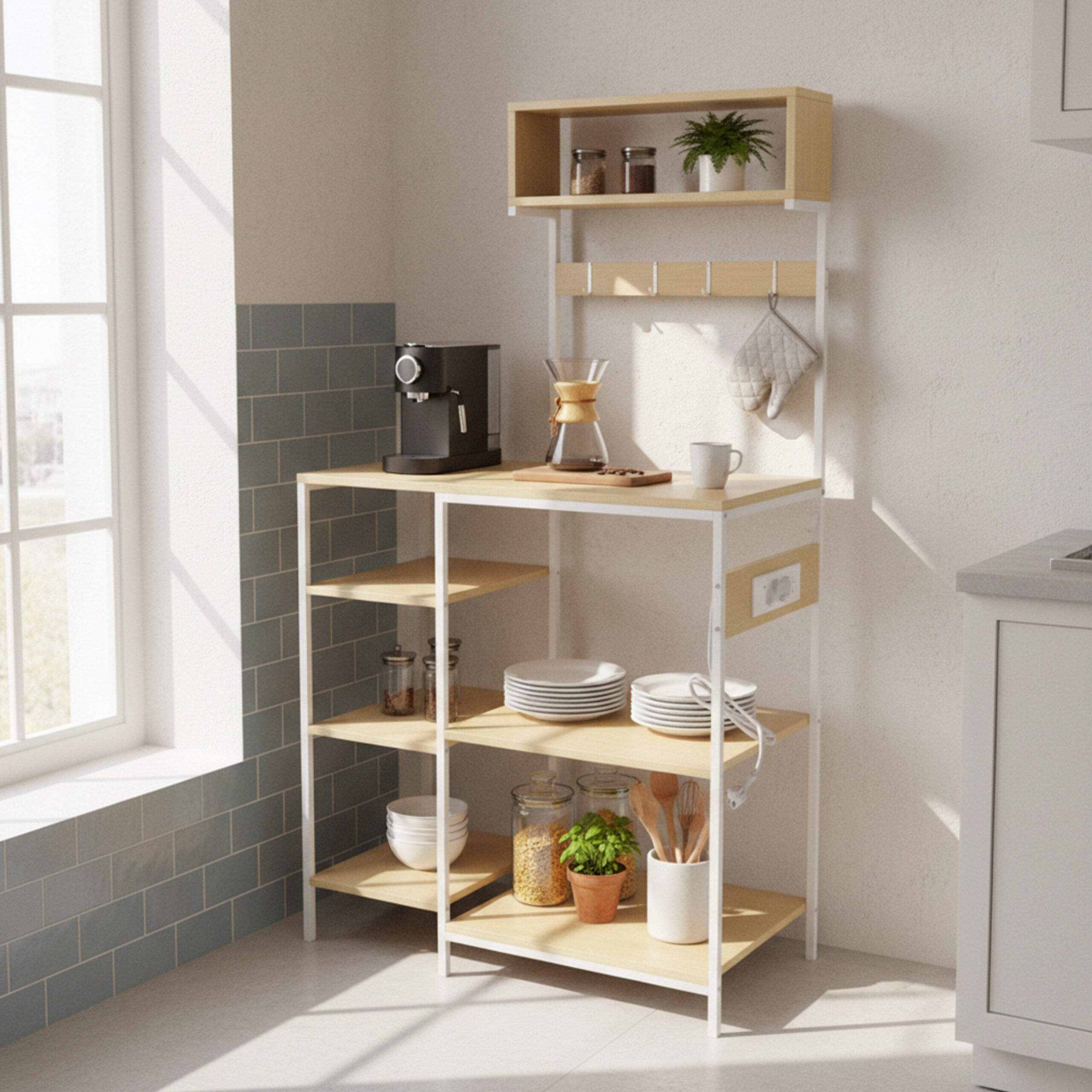 Holz-Küchenregal mit Kaffeemaschine, Geschirr und Gläsern vor einer gefliesten Wand.