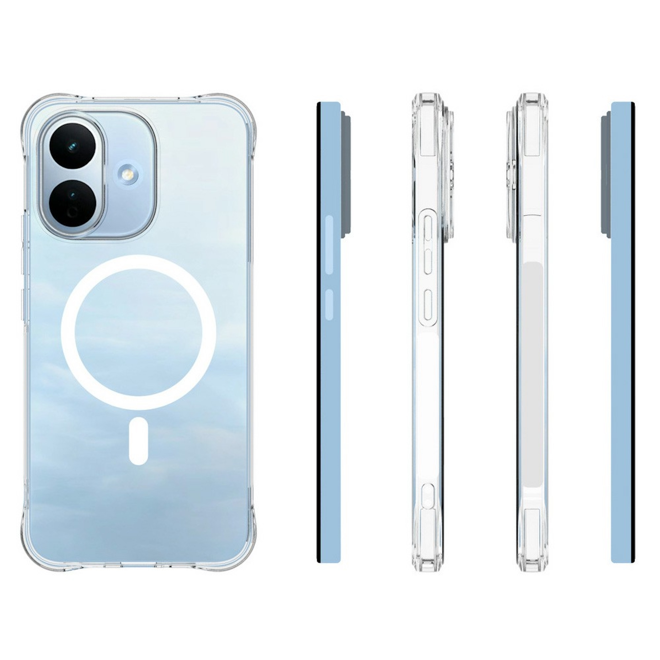 Ein hellblaues Smartphone in einer klaren Schutzhülle, von hinten und von verschiedenen Seiten gezeigt.