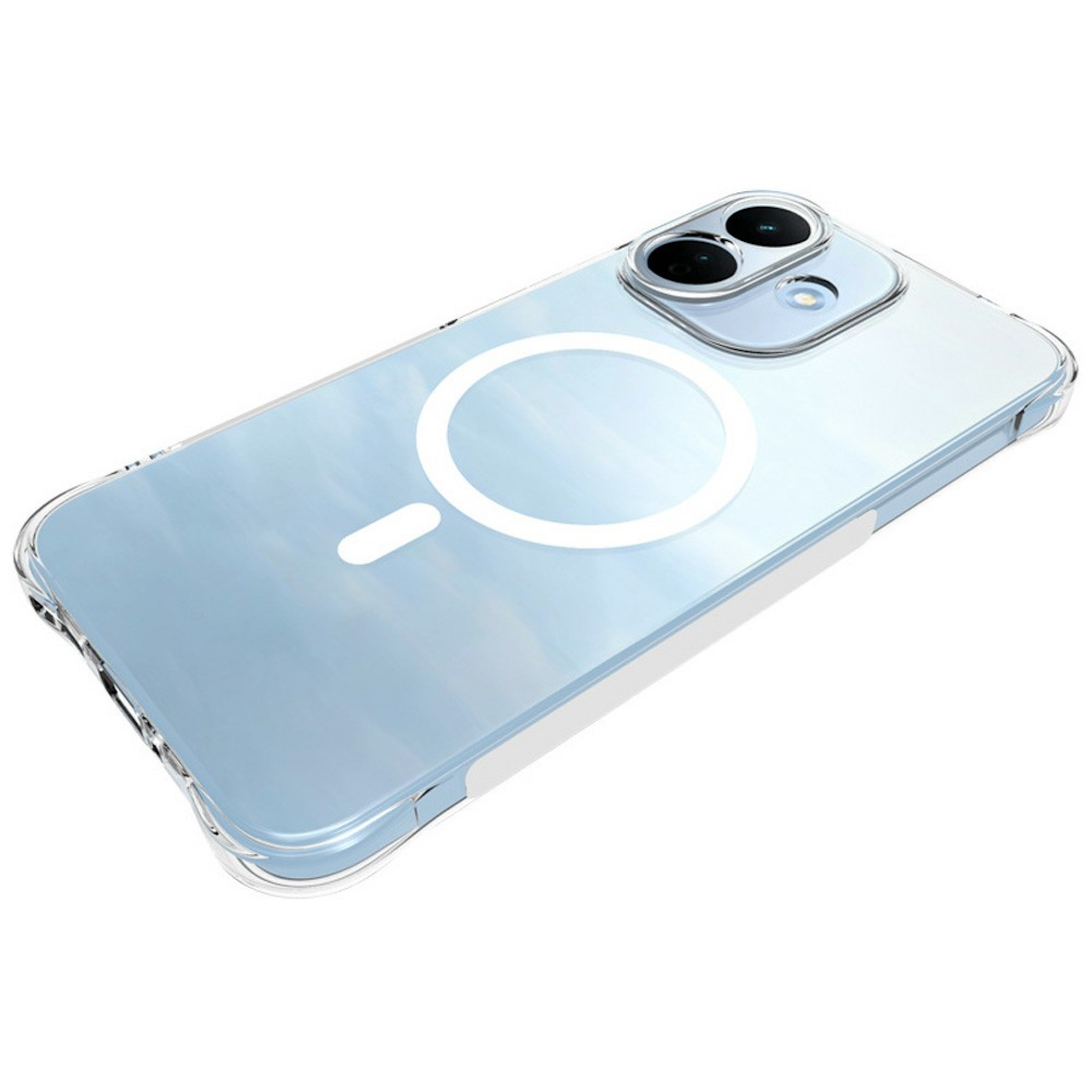 Eine transparente Smartphone-Hülle mit MagSafe-Ring liegt diagonal auf weißem Hintergrund.