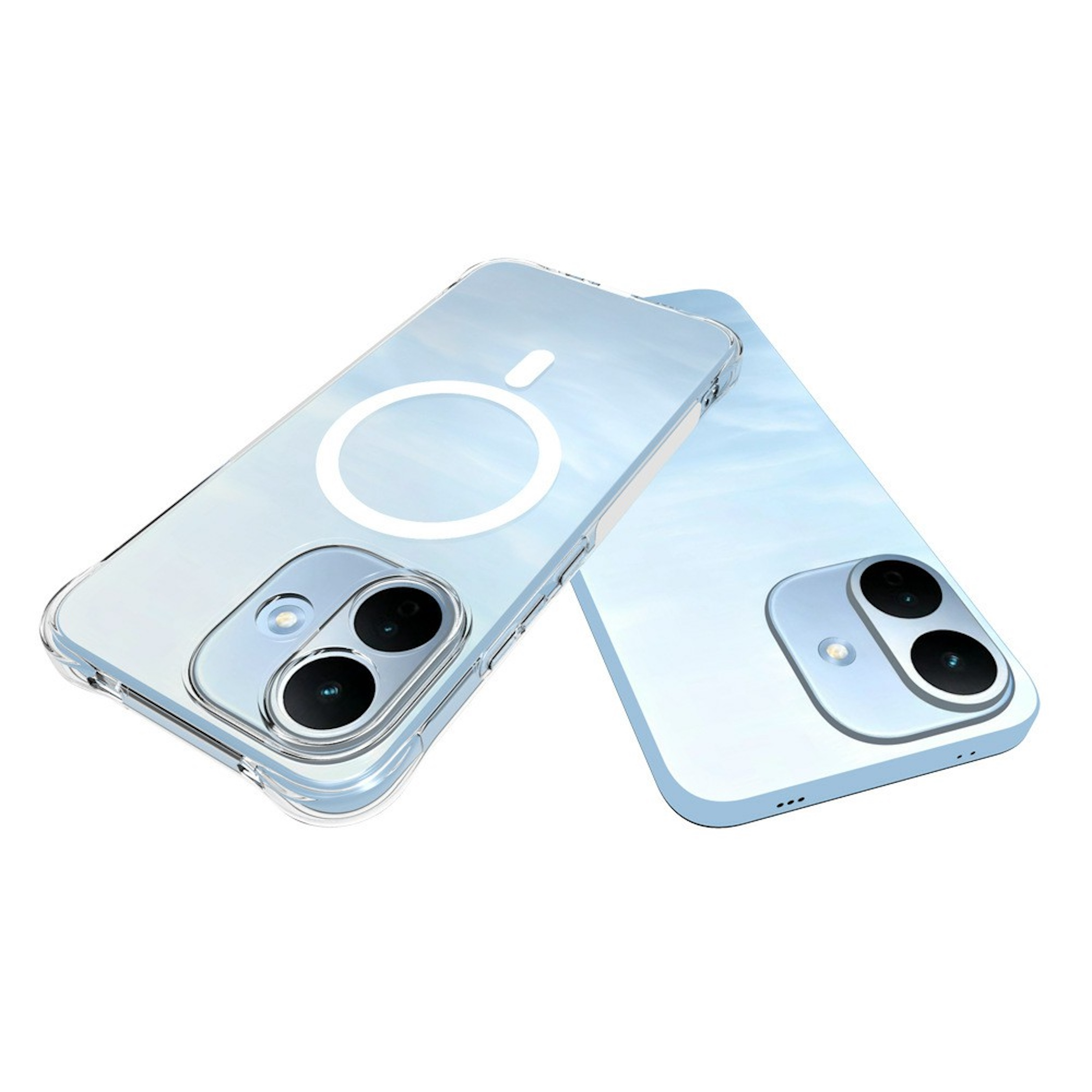 Zwei hellblaue Smartphones vor weißem Hintergrund, eins mit transparenter Schutzhülle und MagSafe-Ring.