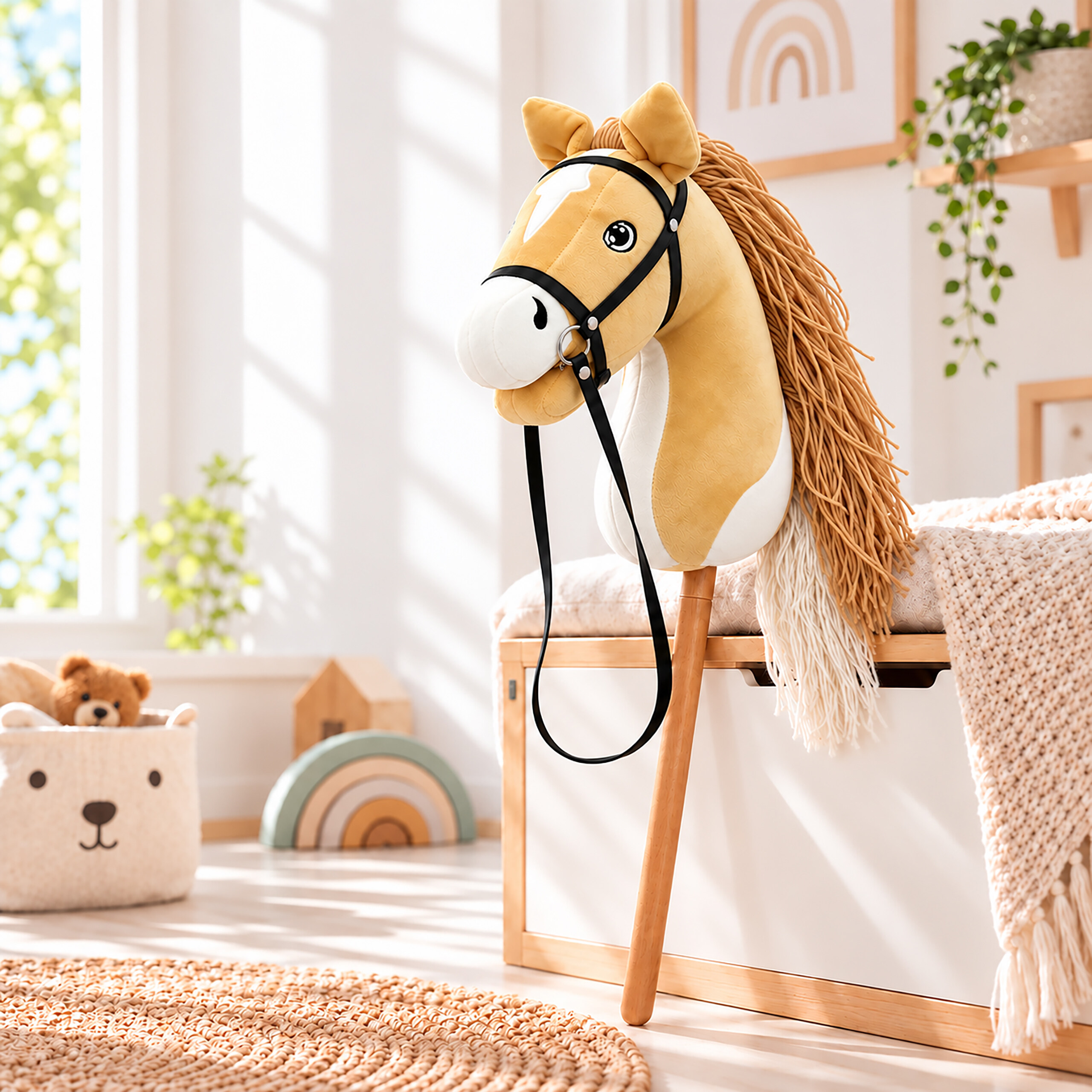 Ein Stoff-Steckenpferd mit brauner Mähne und schwarzem Zaumzeug steht in einem hellen Kinderzimmer.